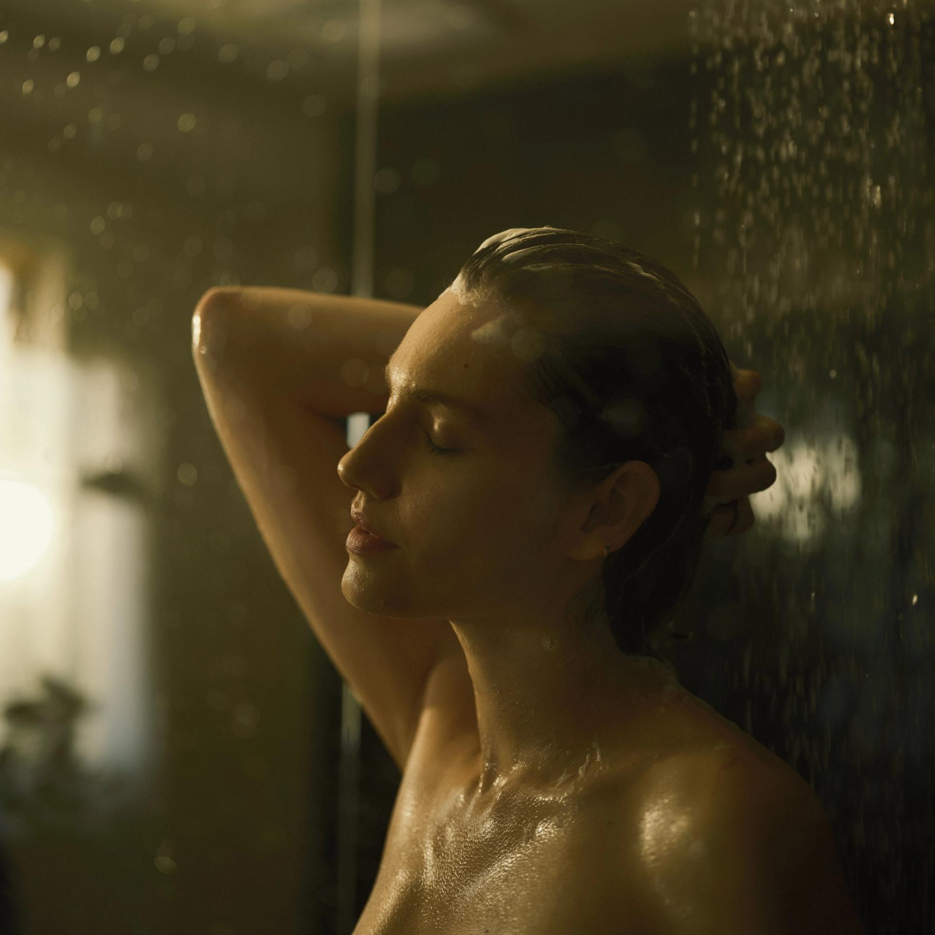 Girl in shower lathering hair