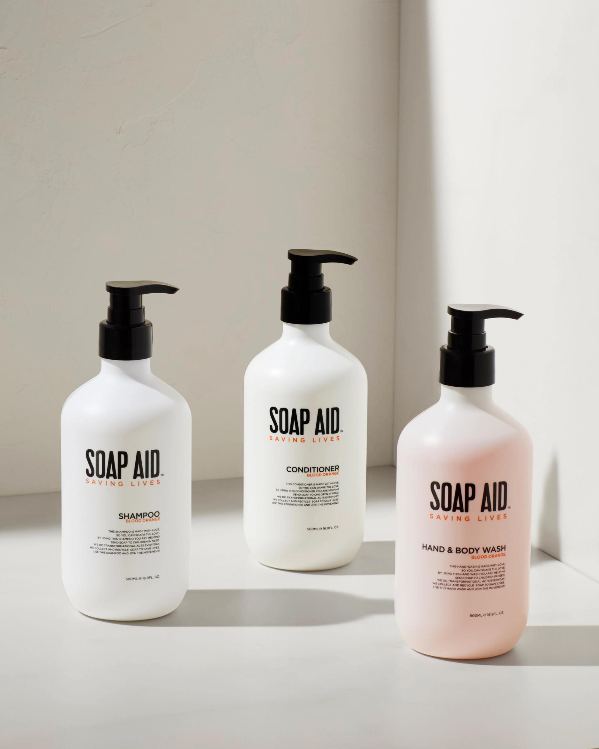 Soap Aid Shampoo, Conditioner and Hand & Wash bottles