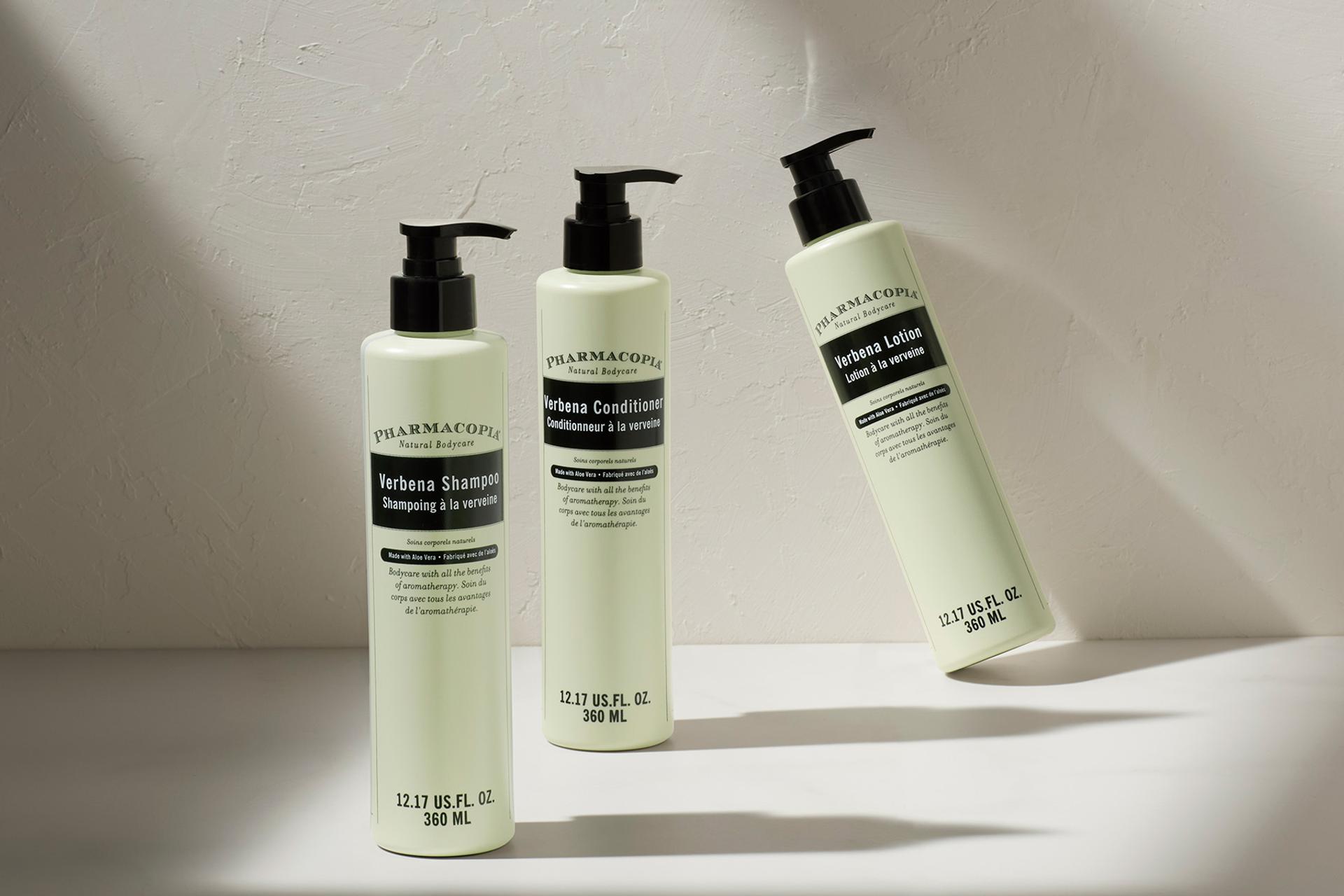 Pharmacopia Verbena Shampoo, Conditioner and Hand & Body Wash Dovelok bottles