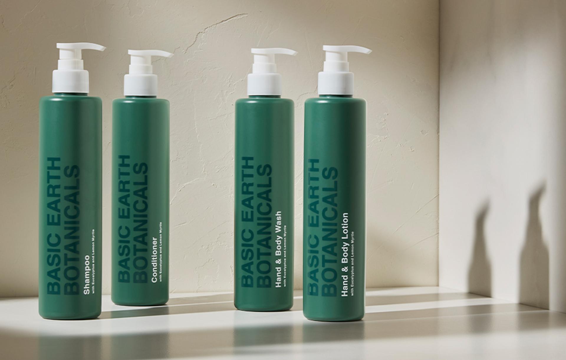 Basic Earth Botanicals Shampoo, Conditioner, Hand & Body Wash and Lotion bottles