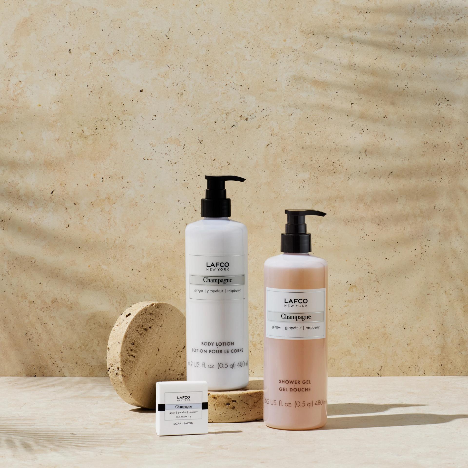 Lafco Champagne Body Lotion and Shower Gel bottles