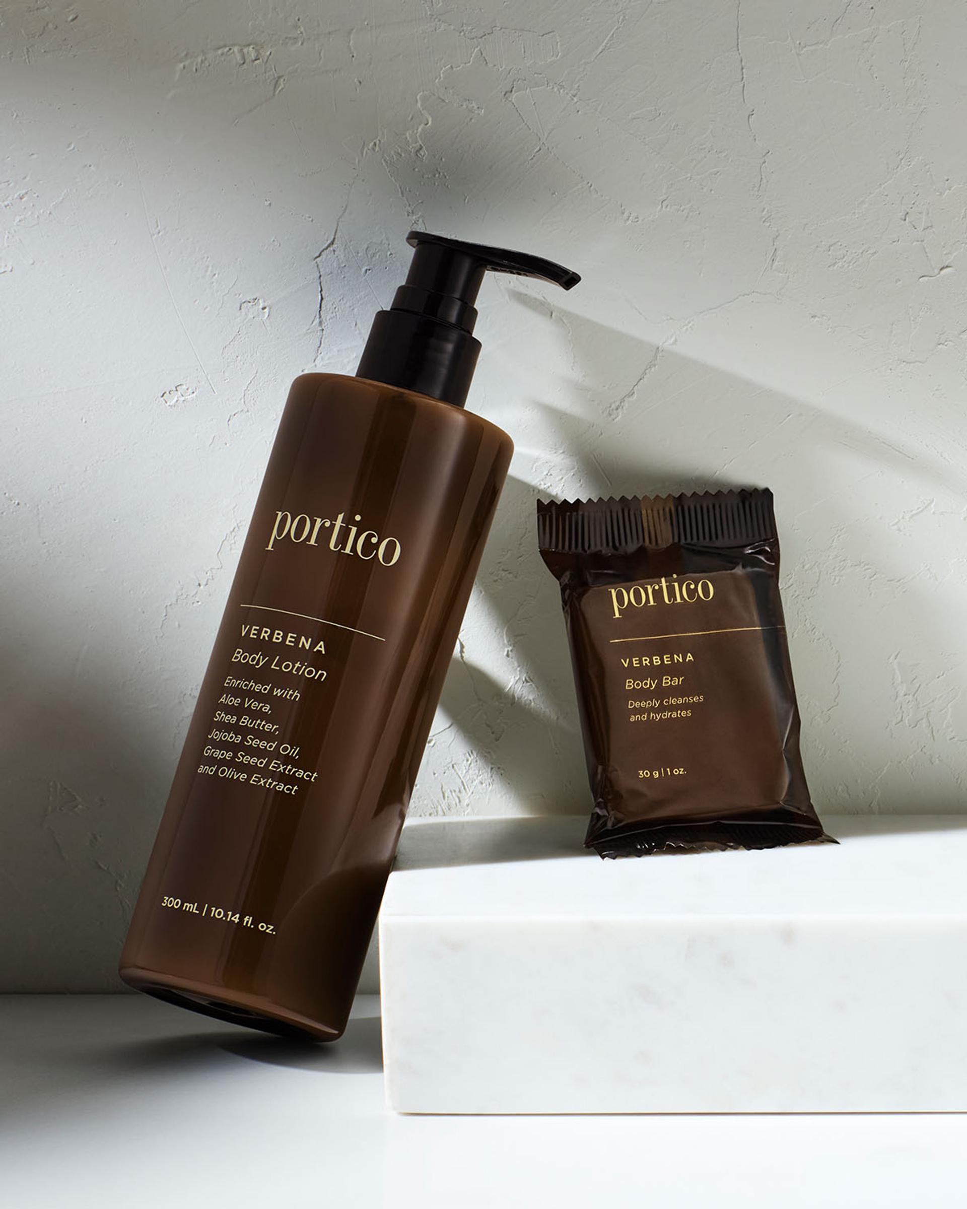 Portico Verbena Body Lotion dispenser and bar soap