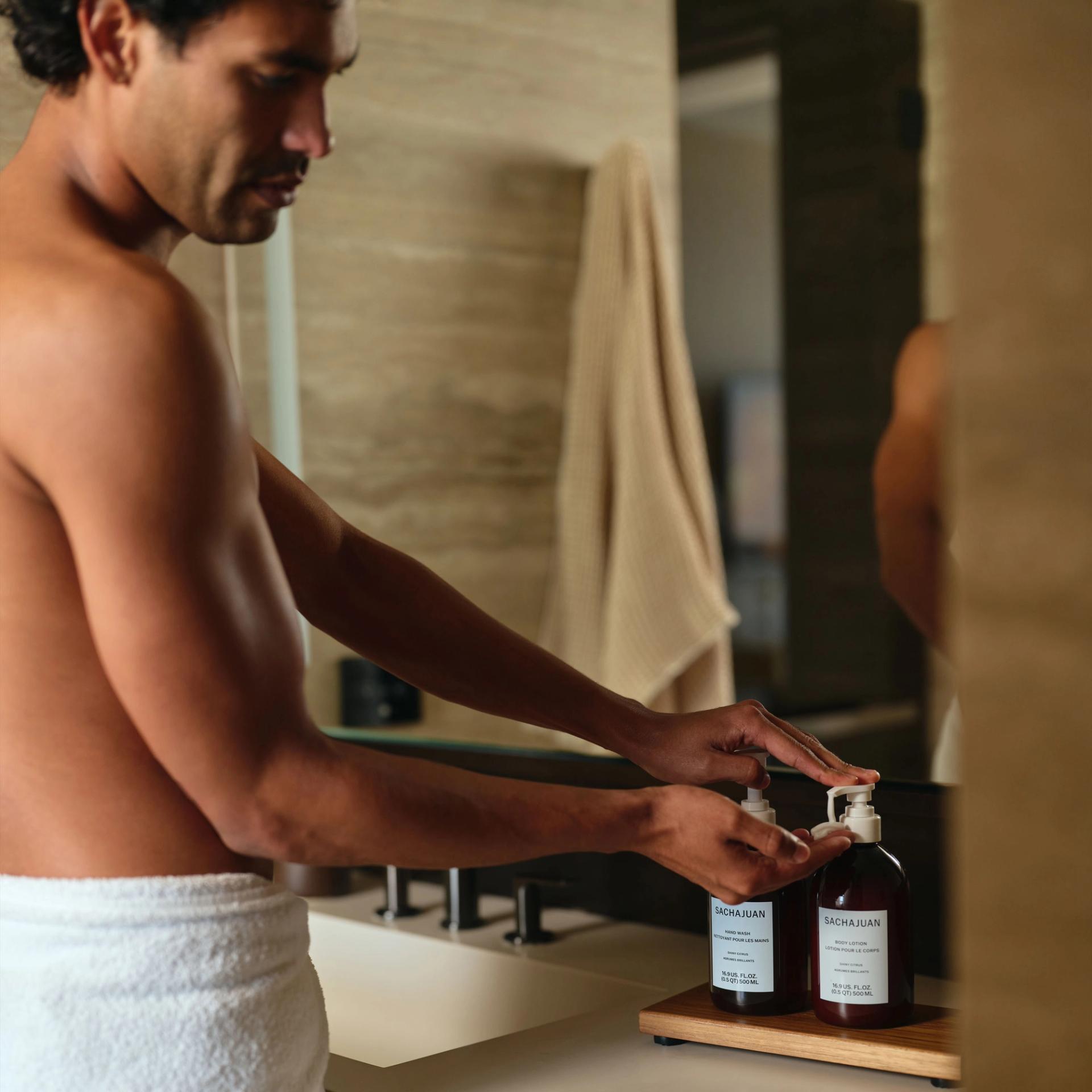 Sachajuan Hand Wash and Body Lotion on the vanity side.