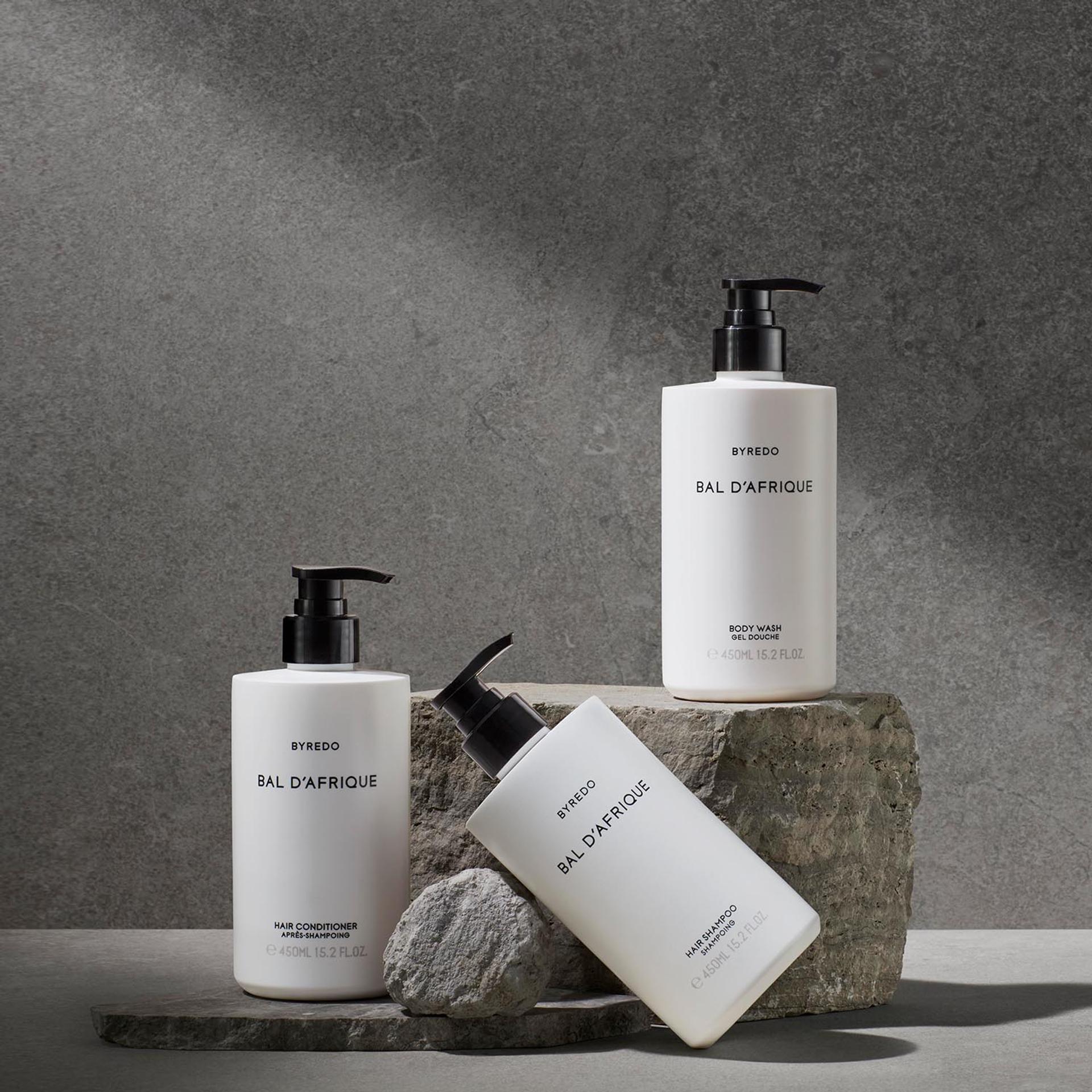 Byredo Bal d'Afrique Body Wash, Hair Shampoo and Conditioner bottles
