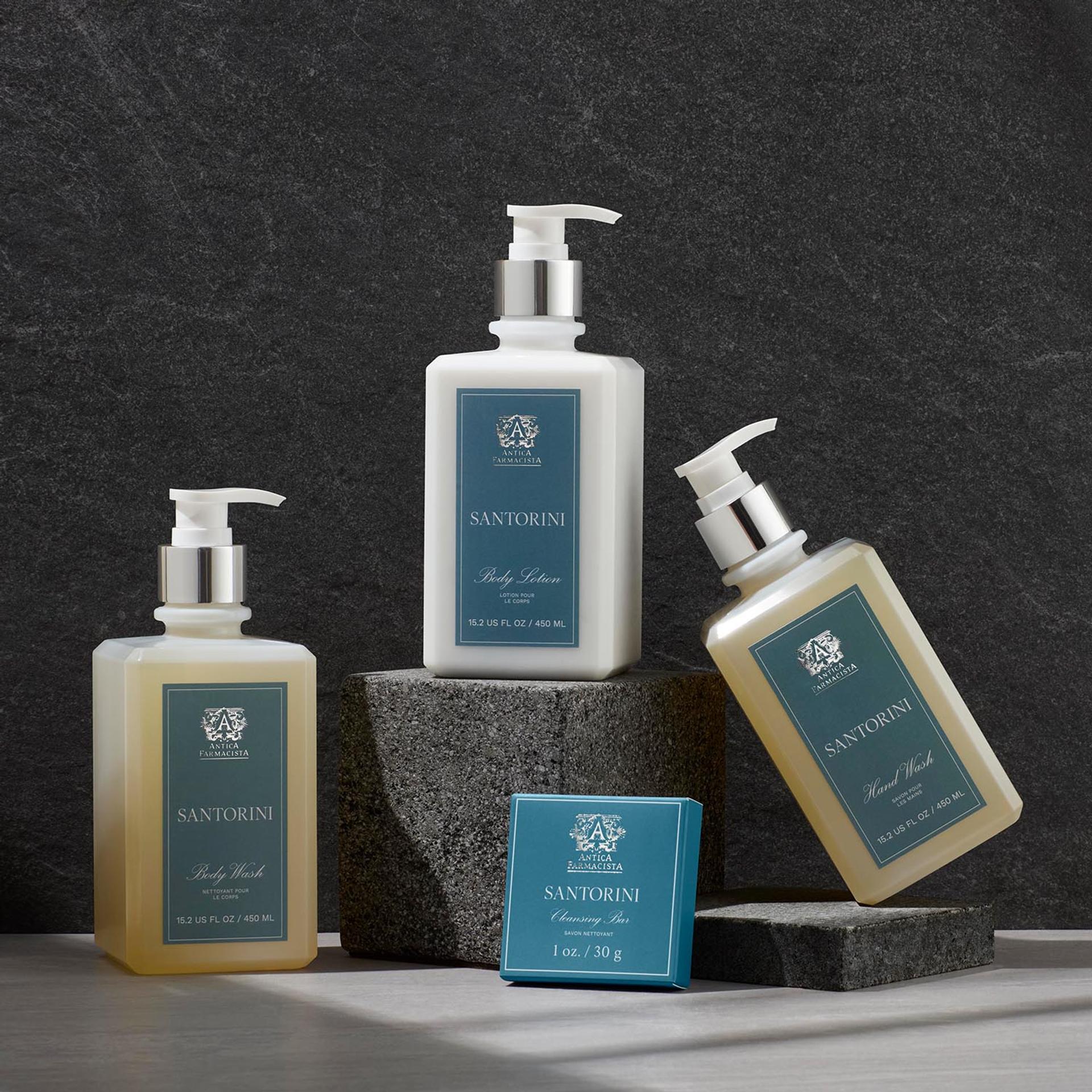 Antica Farmacista Shampoo, Conditioner and Body Wash bottles and boxed bar of soap