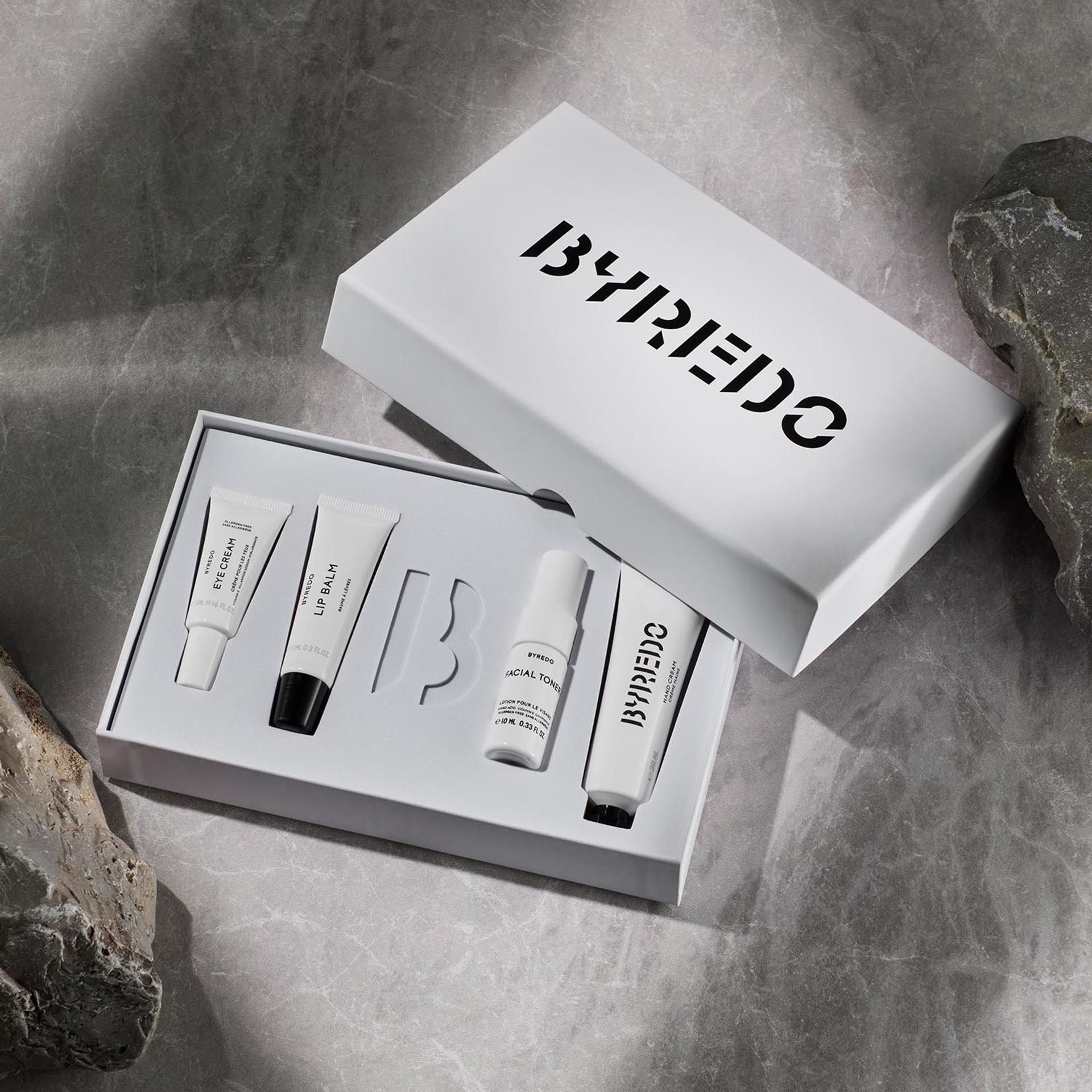 Byredo VIP Boxed Amenity Set containing Small Formats of Eye Cream, Lip Balm, Facial Toner and Hand Cream