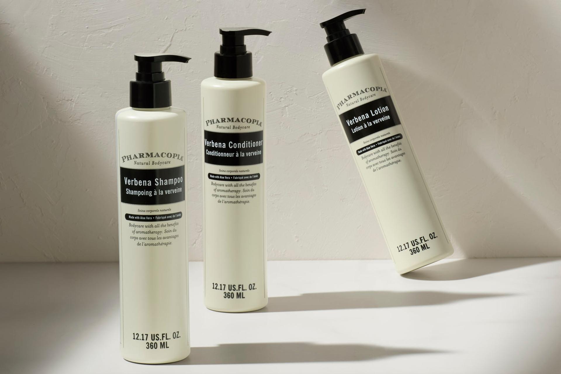 Pharmacopia Verbena  Shampoo, Conditioner and Hand & Body Wash Dovelok bottles