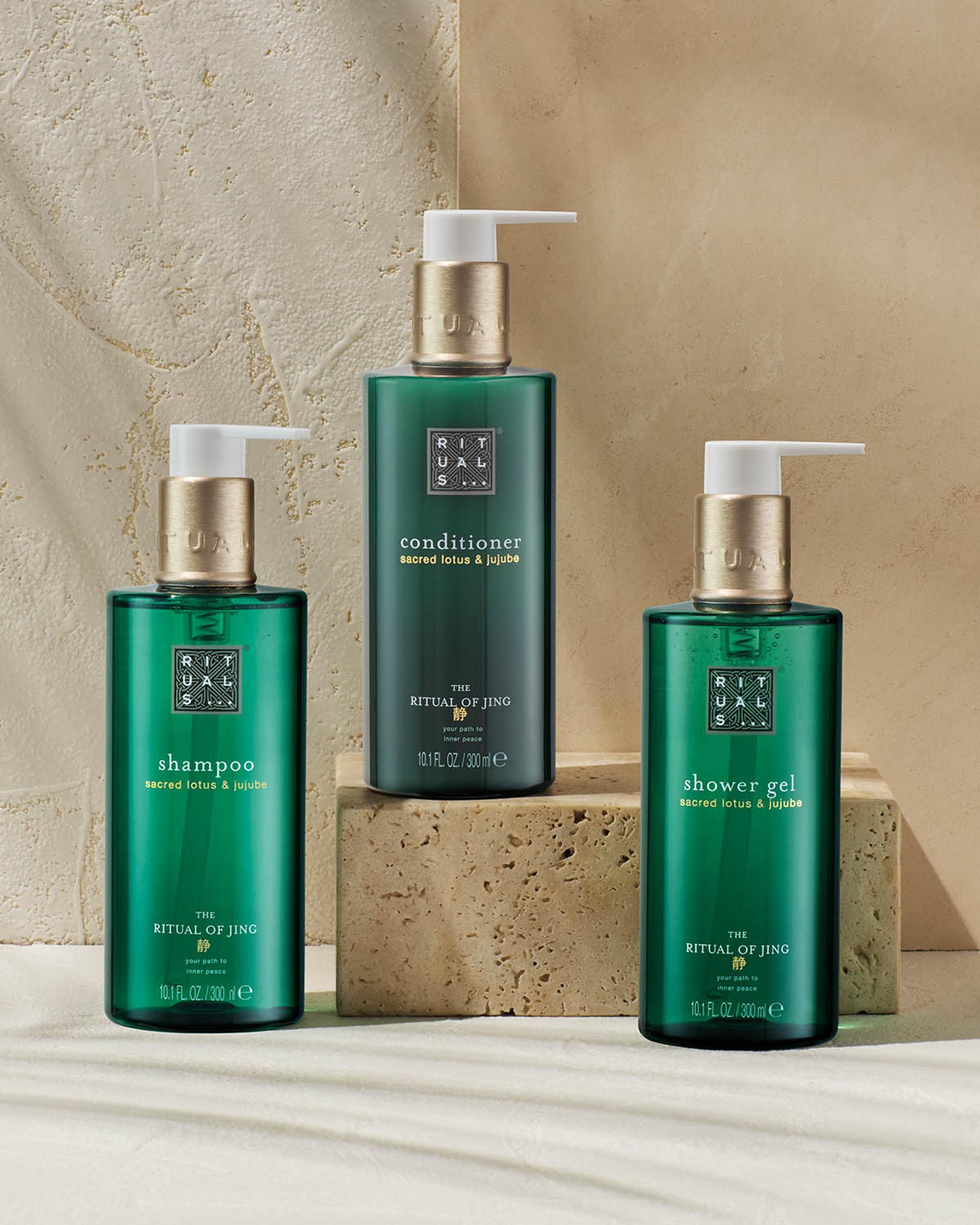 Rituals of Jing Shampoo, Conditioner, and Body Wash dispensers