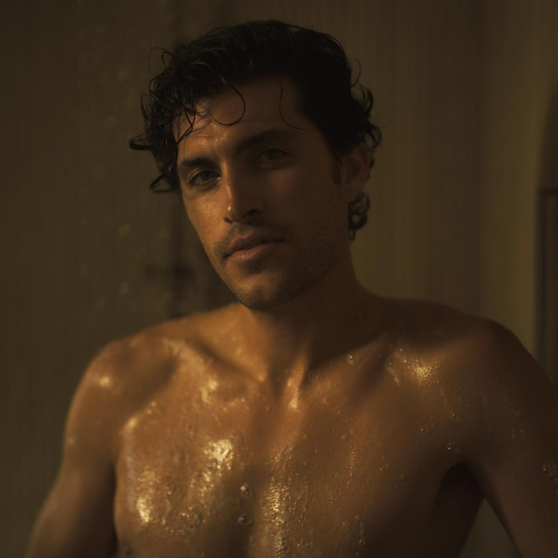 Guy lathering in shower