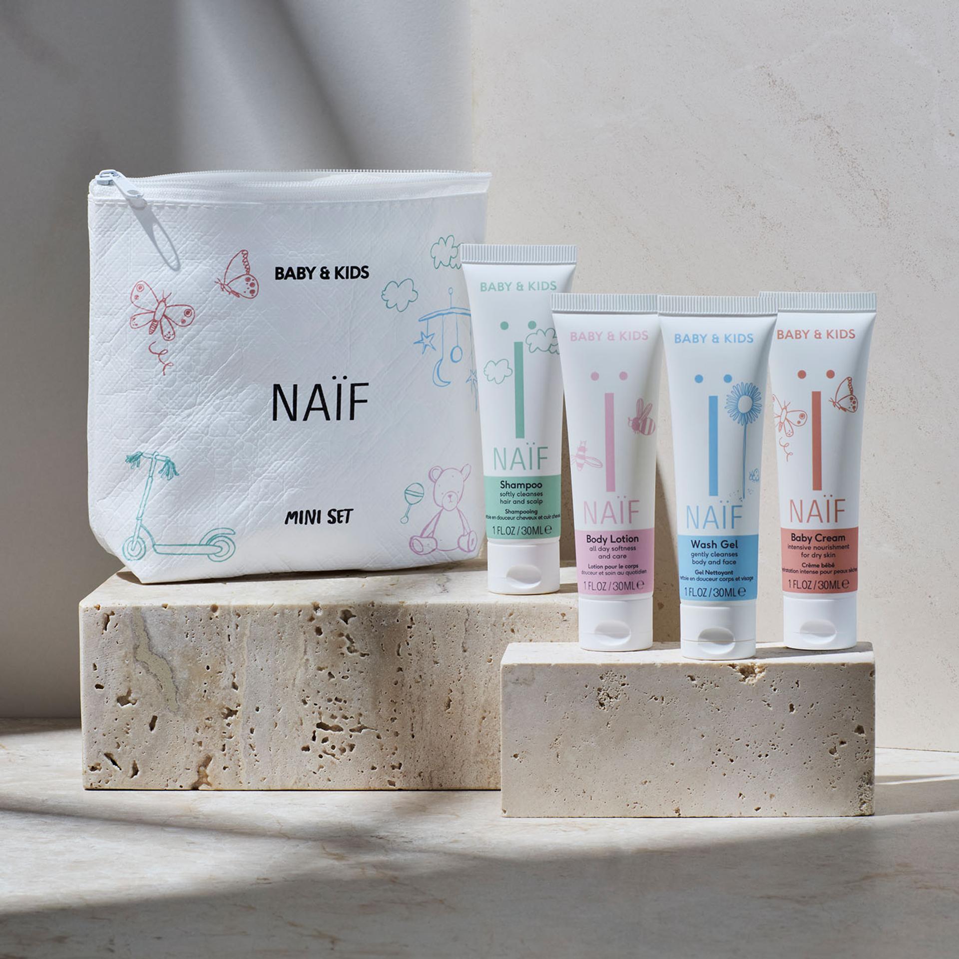Naïf Baby and Kids amenity kit on counter