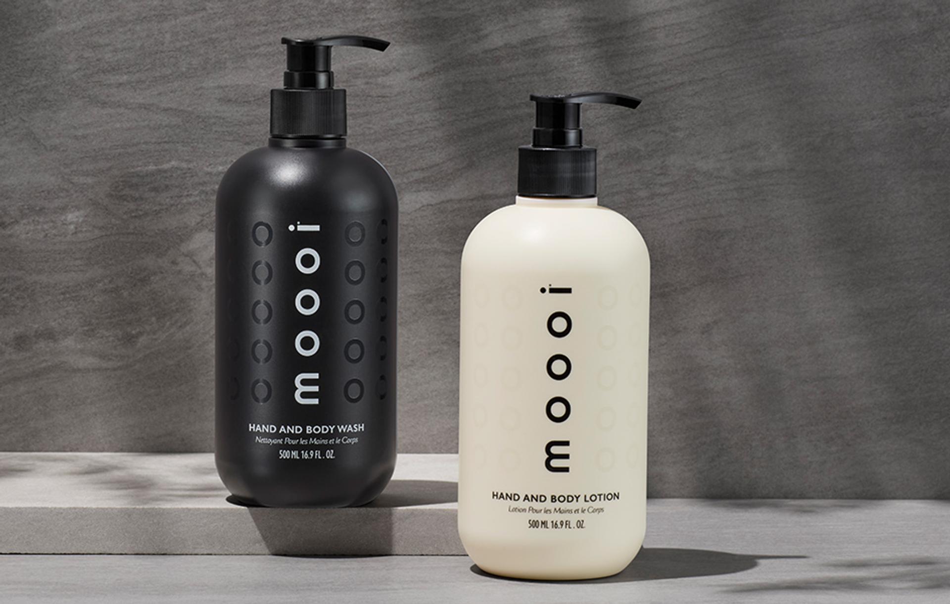 Moooi Hand Wash and Body Lotion dispenser on bathroom vanity