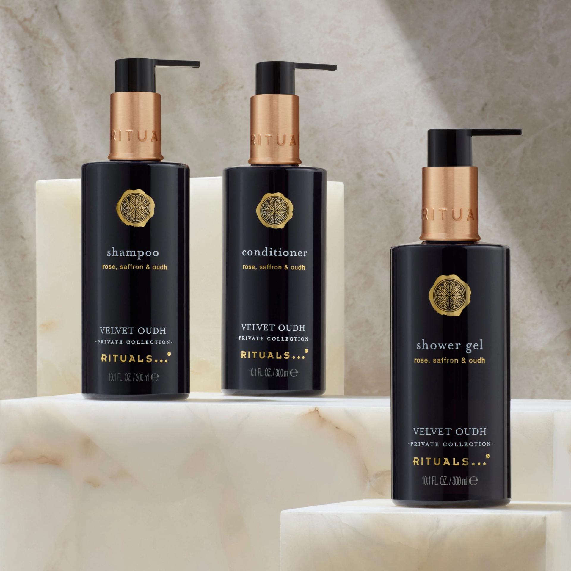 Rituals Velvet Oudh bottles of Shampoo, Conditioner and Shower Gel