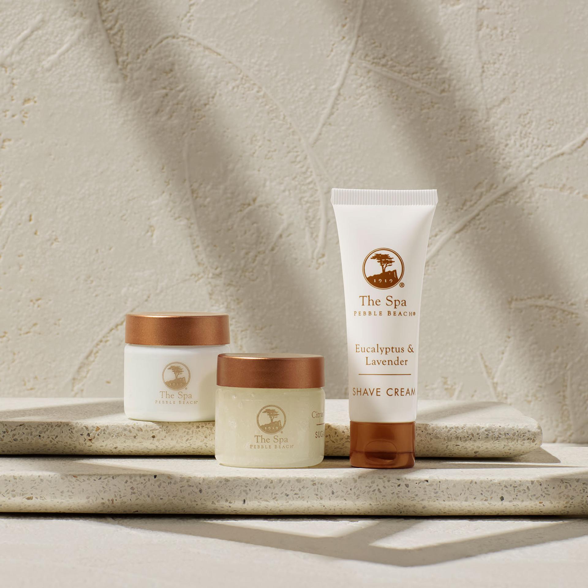 The Spa Pebble Beach Eucalyptus and Lavender shave cream, body cream and body scrub amenities