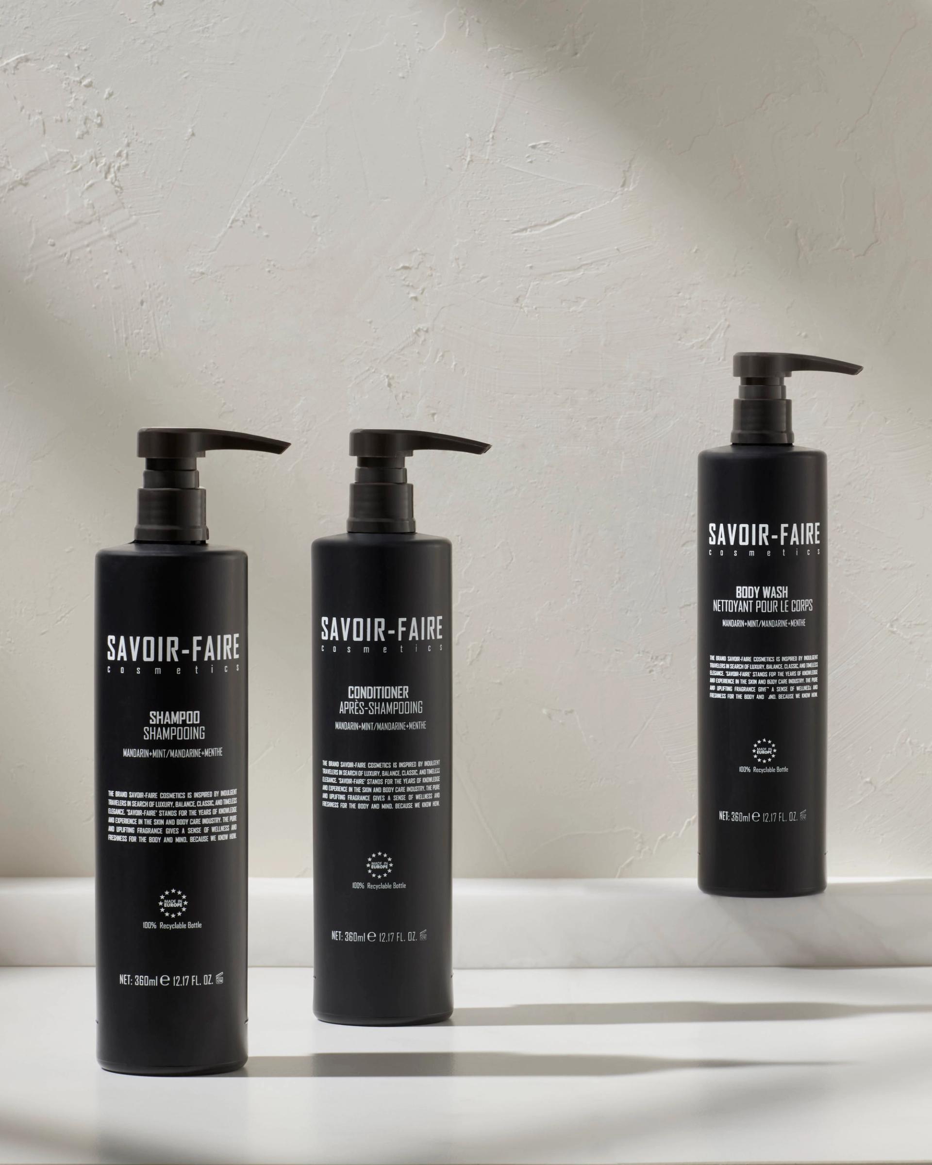 Savoir-Faire Shampoo, Conditioner and Body Wash Bottles
