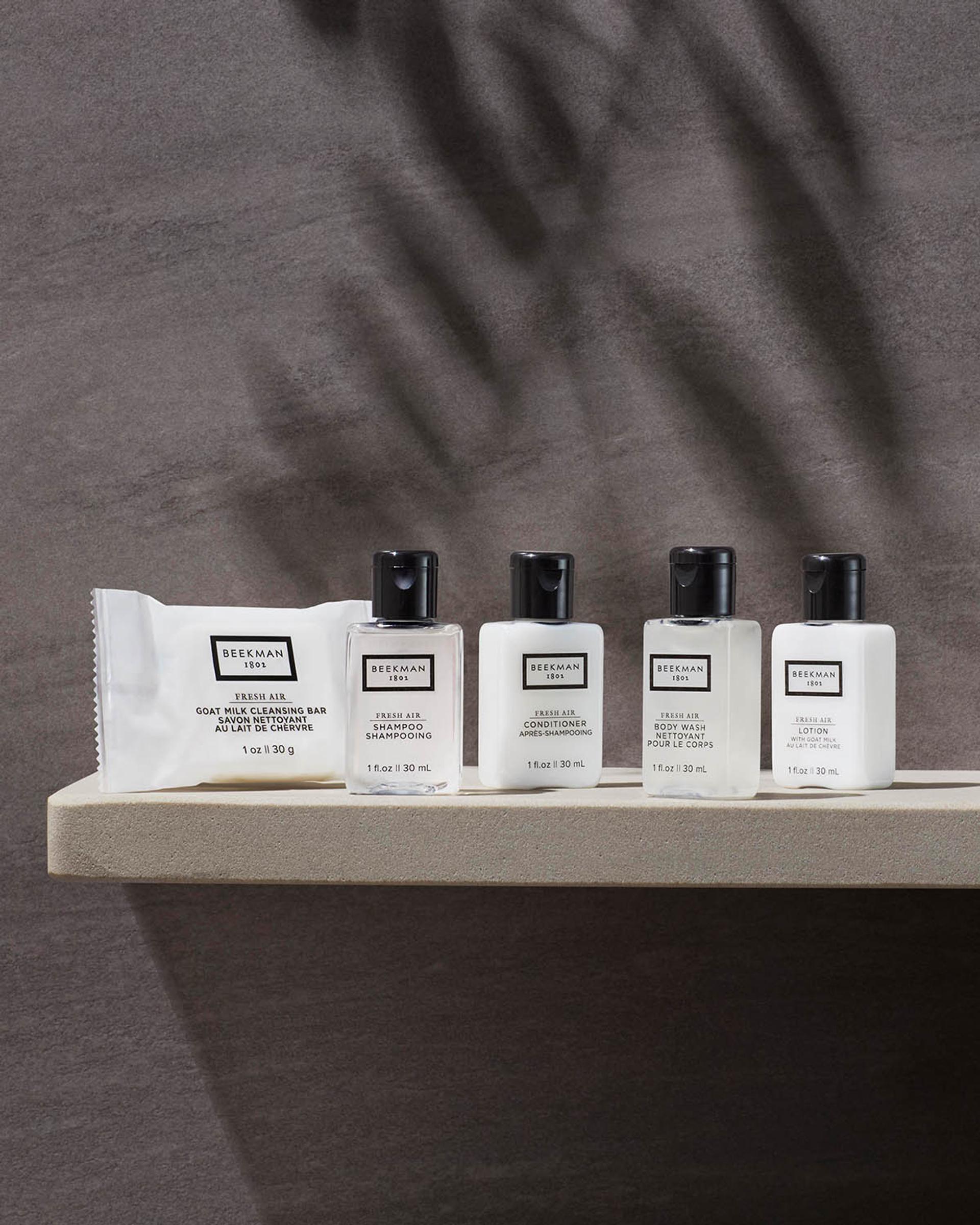 Beekman 1802 Fresh Air Small Format shampoo, Conditioner, Lotion, Body Wash and soap bar in paper wrap