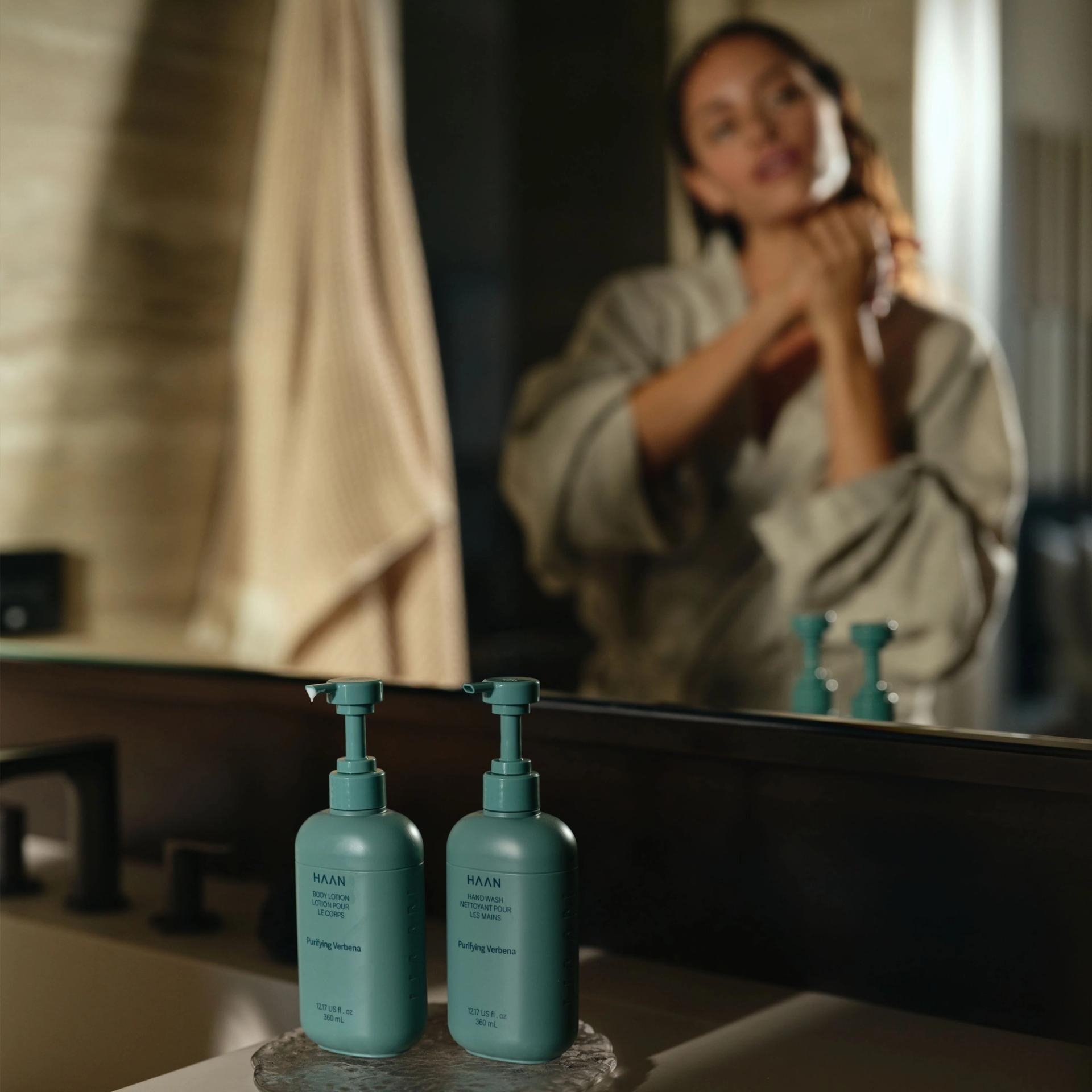 Haan Body Lotion and Hand Wash at the vanity side.