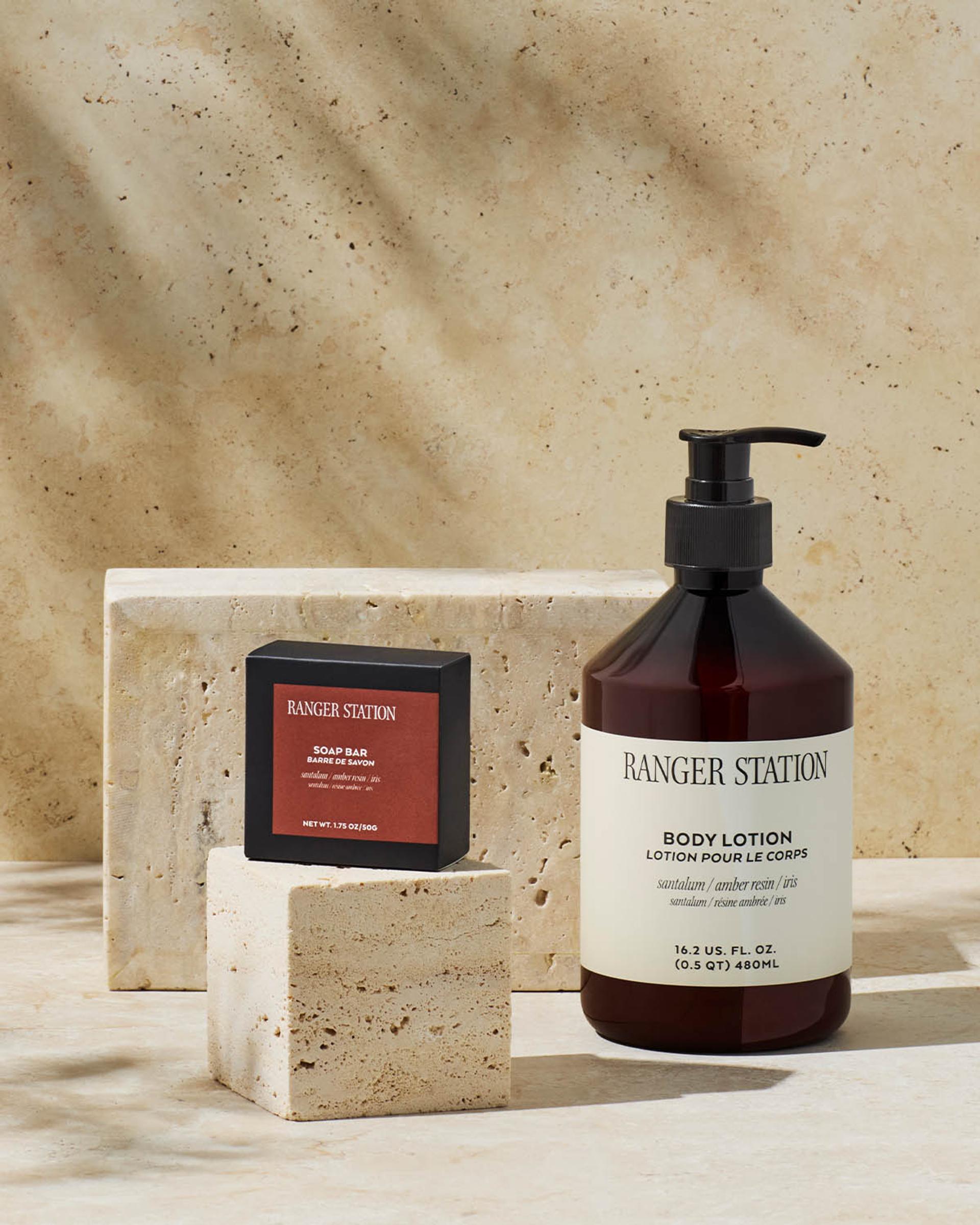 Ranger Station Santalum Body Lotion dispenser and bar soap