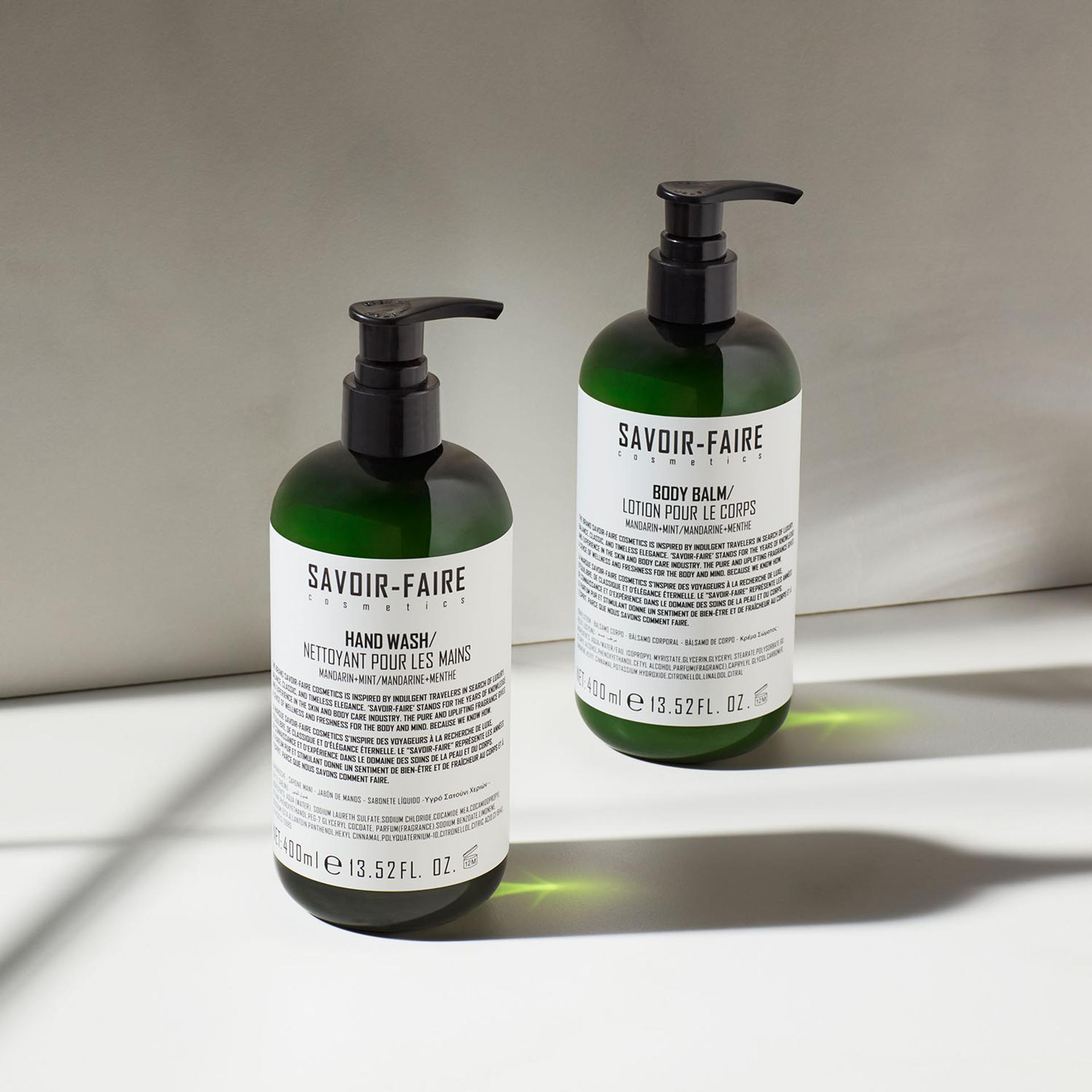 Savoir-Faire Mandarin Mint Hand Wash and Body Lotion dispensers on bathroom vanity