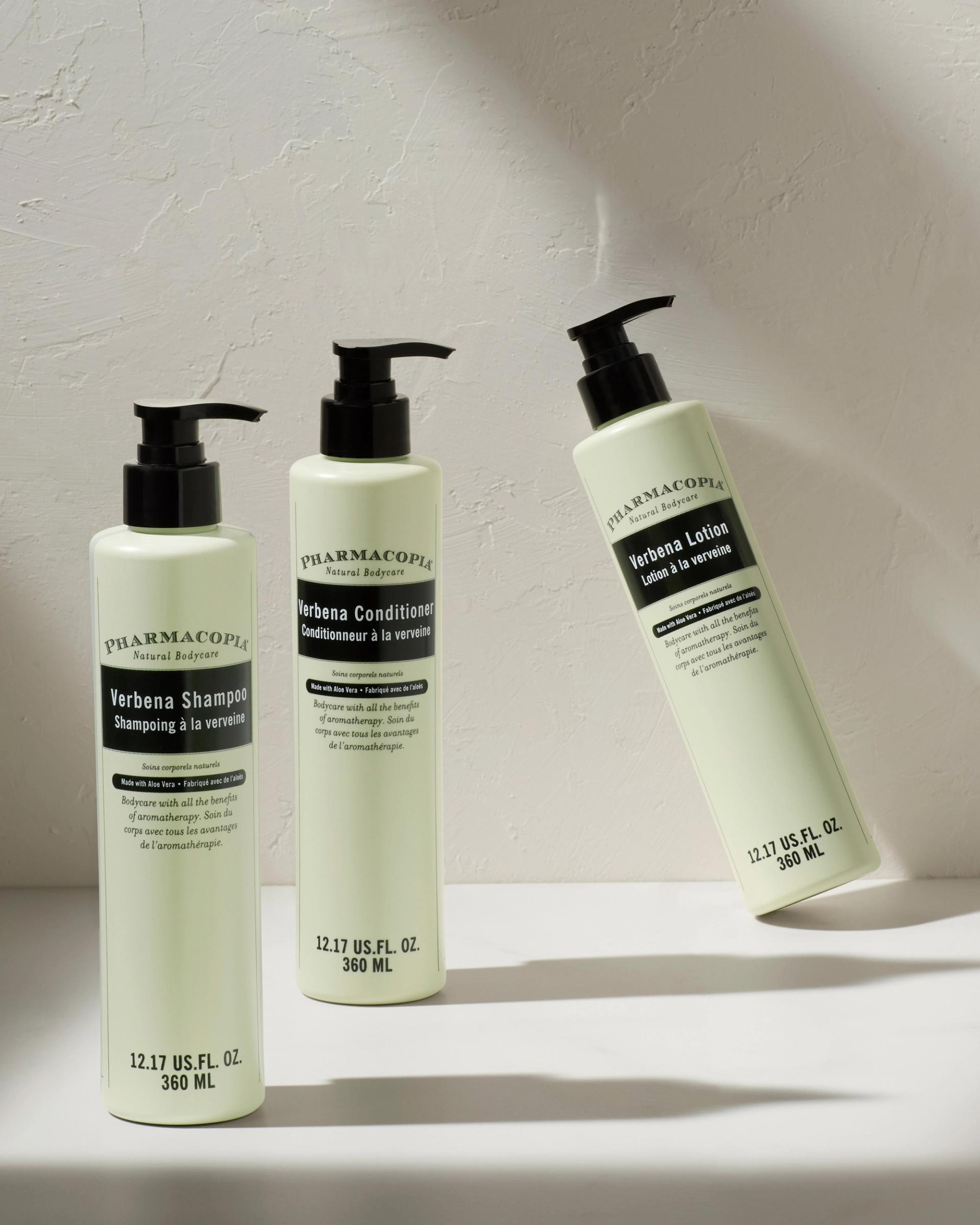 Pharmacopia Verbena Shampoo, Conditioner and Hand & Body Wash Dovelok bottles