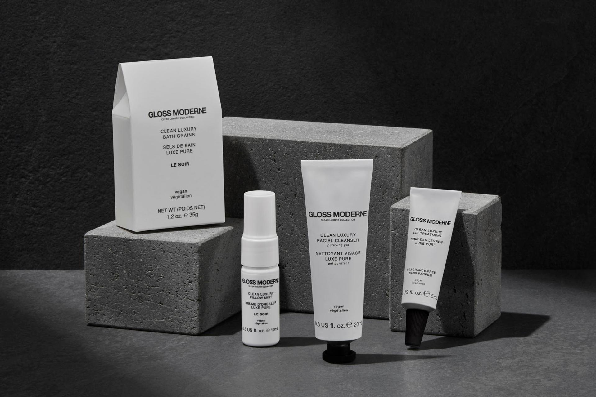 Gloss Moderne Pillow Mist, Facial Cleanser, Lip Treatment and Bath Grains Amenities