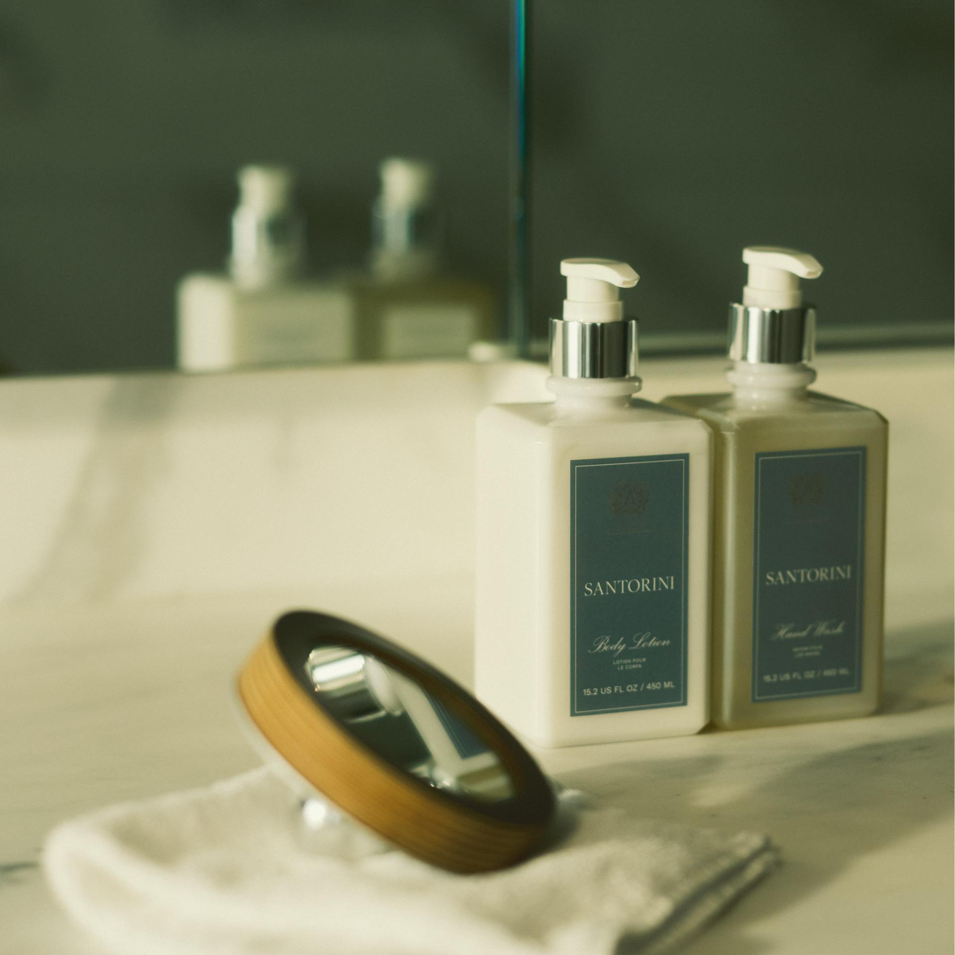 Antica Farmacista Hand Wash and Body Lotion Bottles on Bathroom Counter