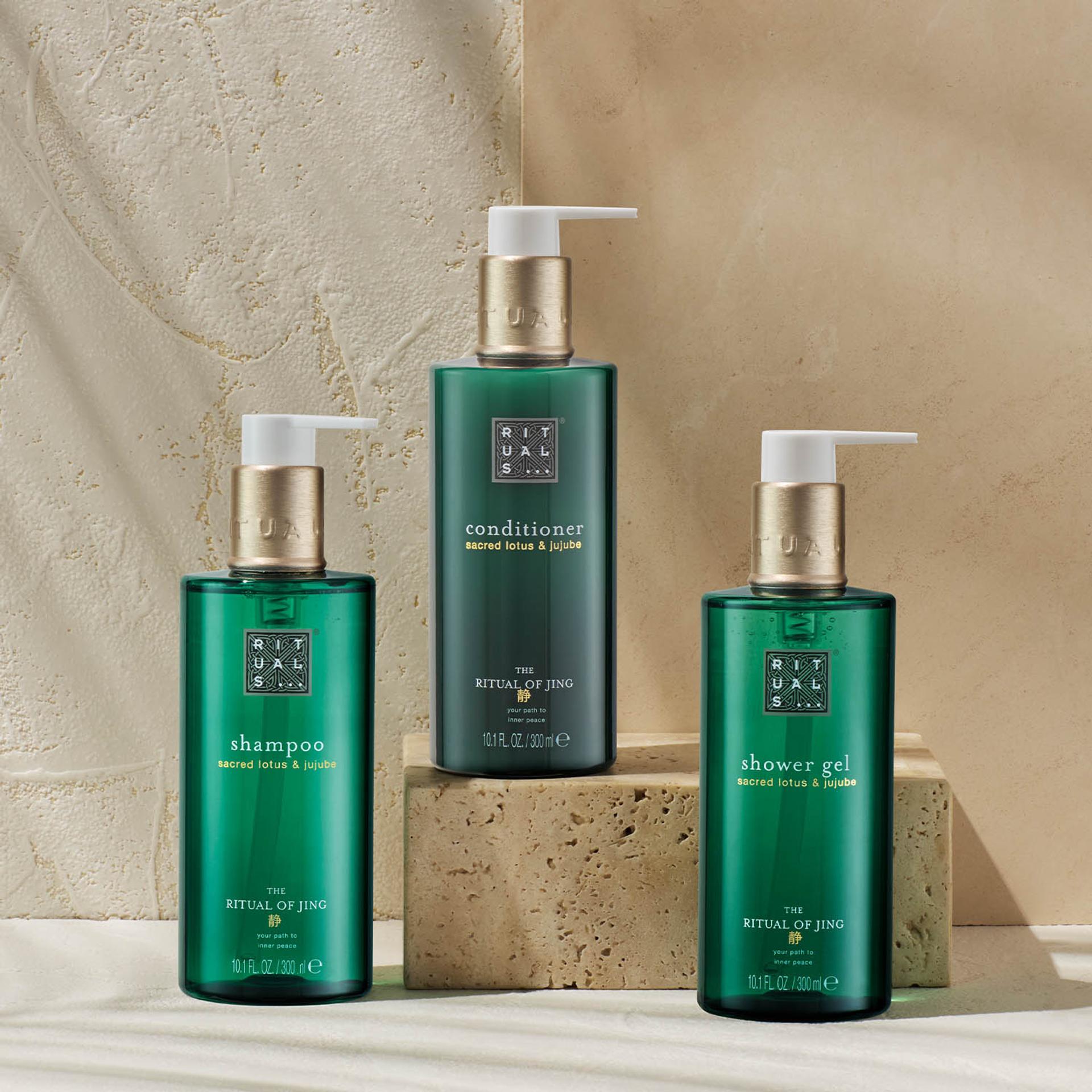 Rituals of Jing Shampoo, Conditioner, and Body Wash dispensers