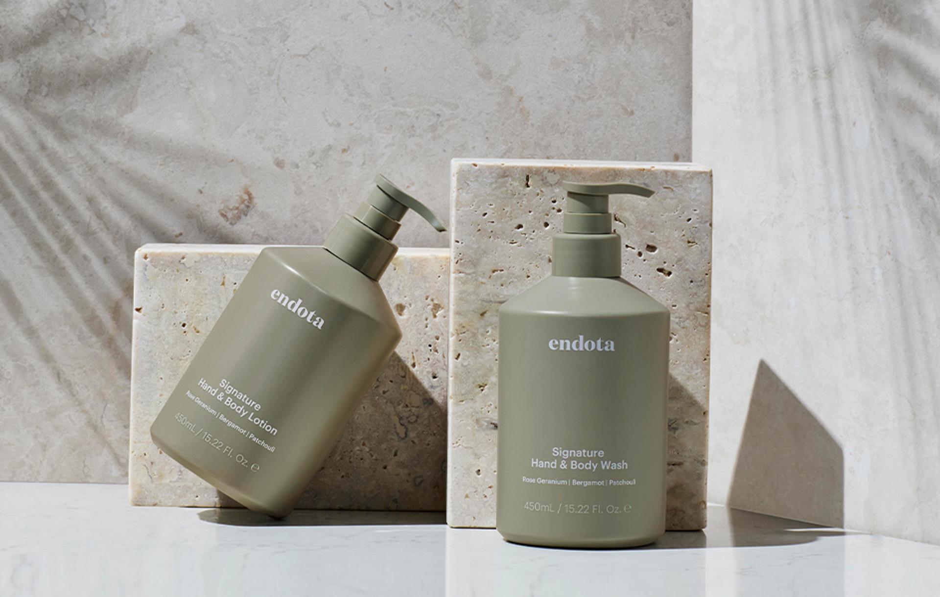 endota Signature Hand & Body Wash and Hand & Body Lotion in bottles