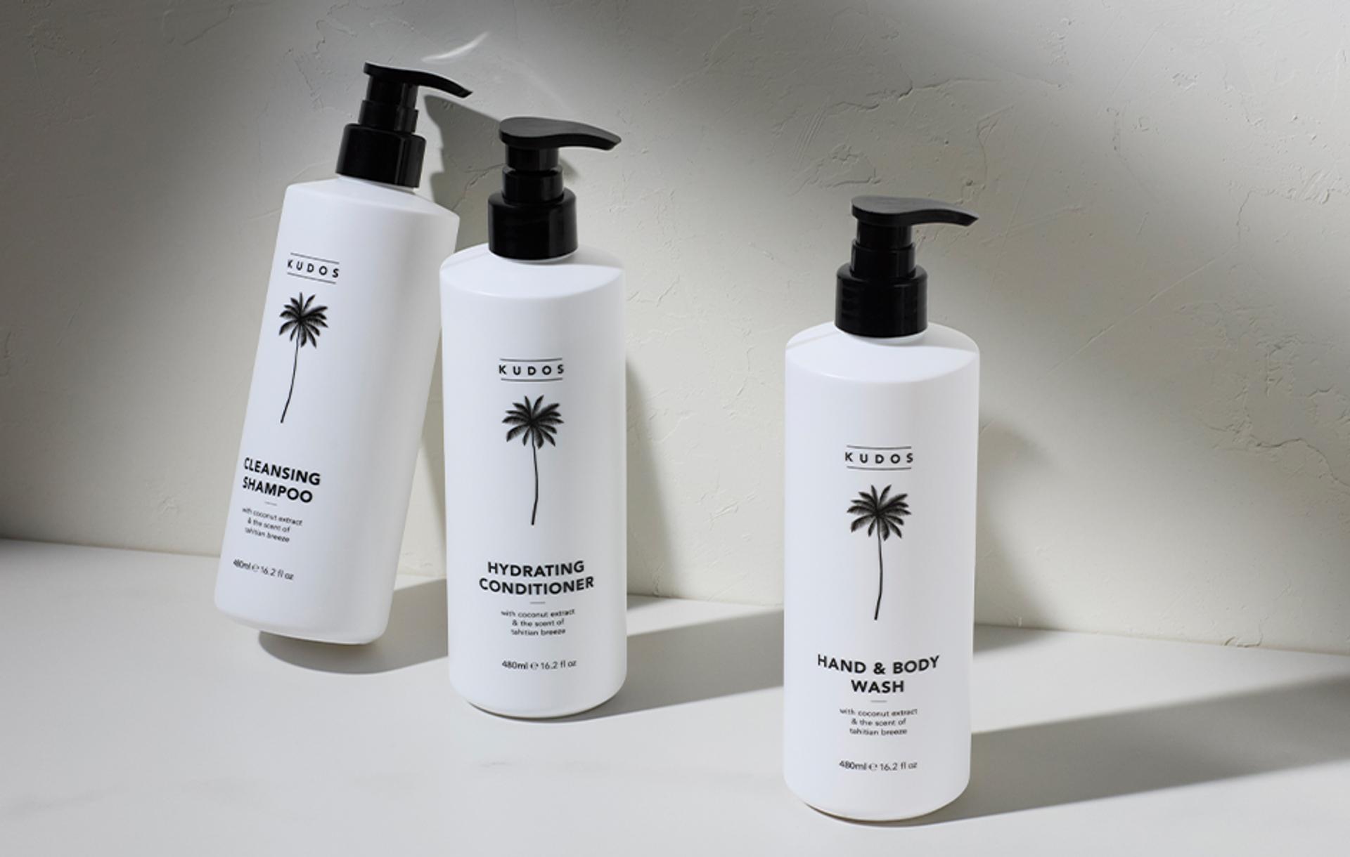 Kudos Coastal Shampoo, Conditioner and Hand & Body Wash bottles
