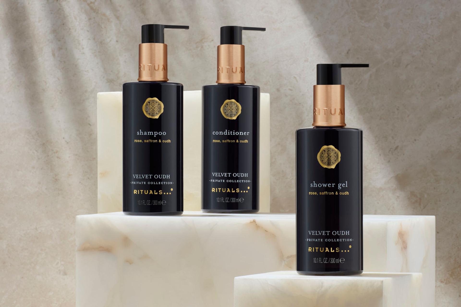 Rituals Velvet Oudh bottles of Shampoo, Conditioner and Shower Gel
