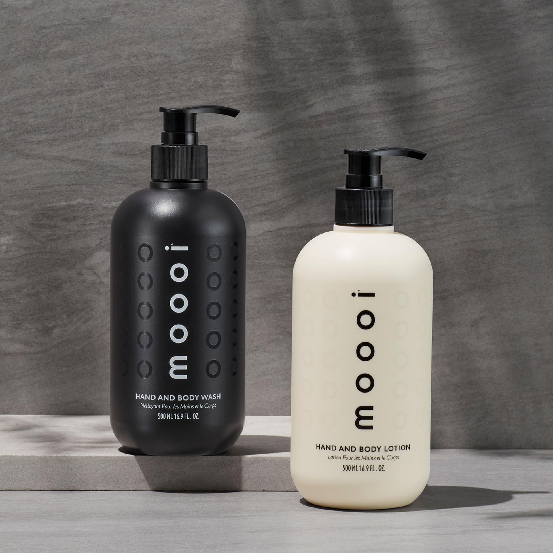 Moooi Hand Wash and Body Lotion dispenser on bathroom vanity