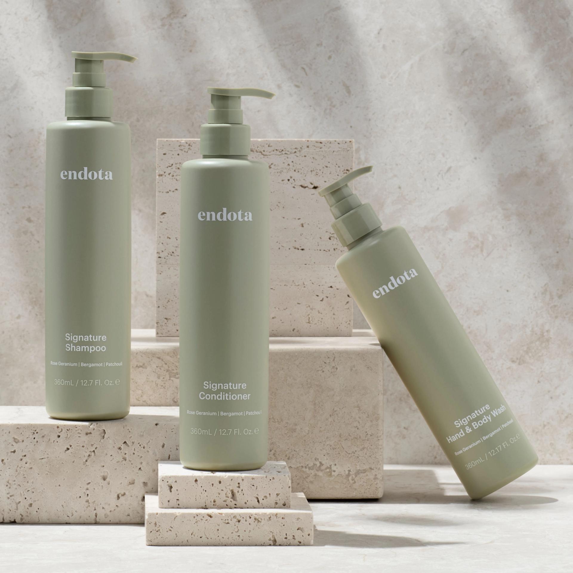endota Signature Shampoo, Conditioner and Hand & Body Wash Dovelok bottles