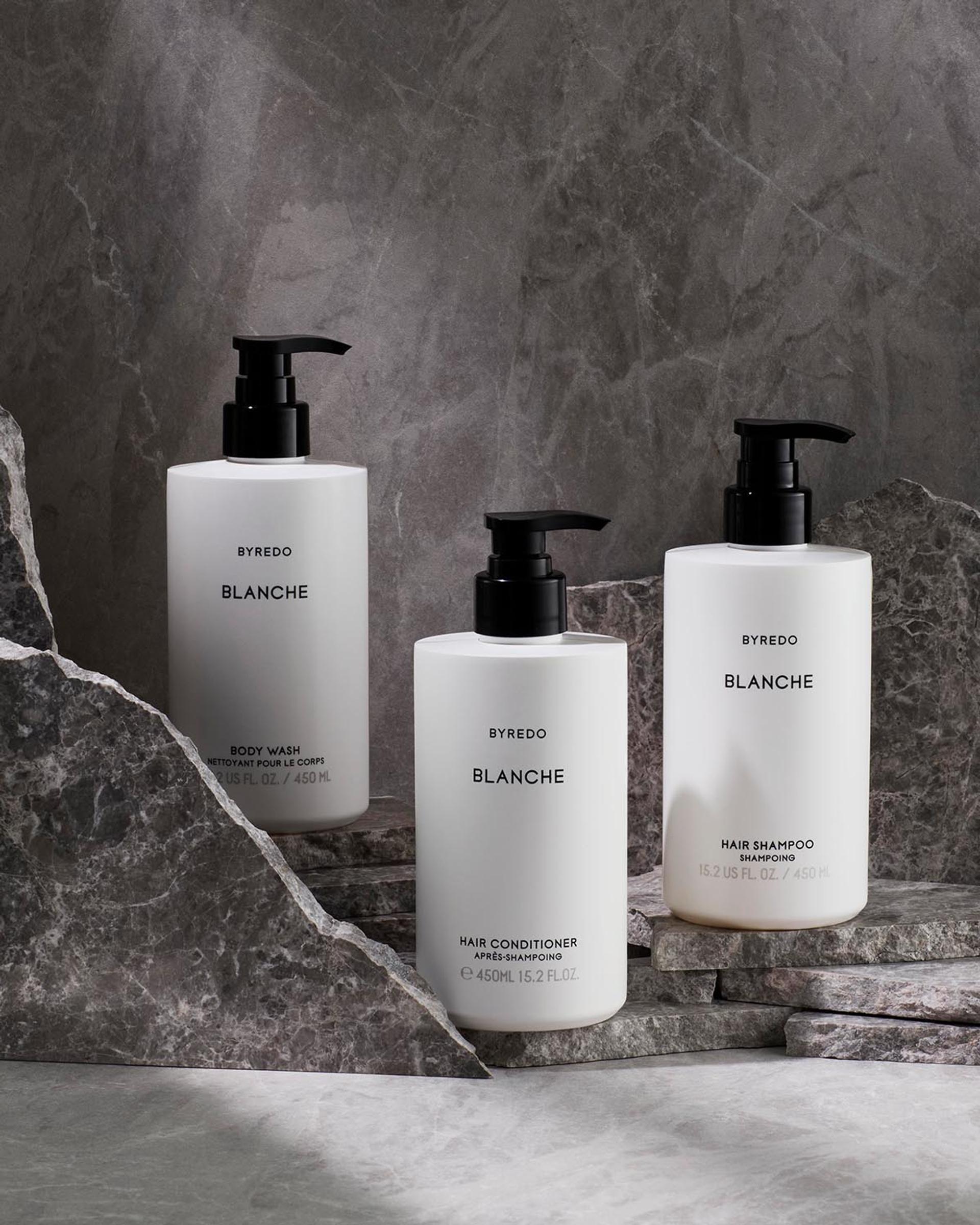 Byredo Blanche Shampoo, Conditioner and Body Wash bottles