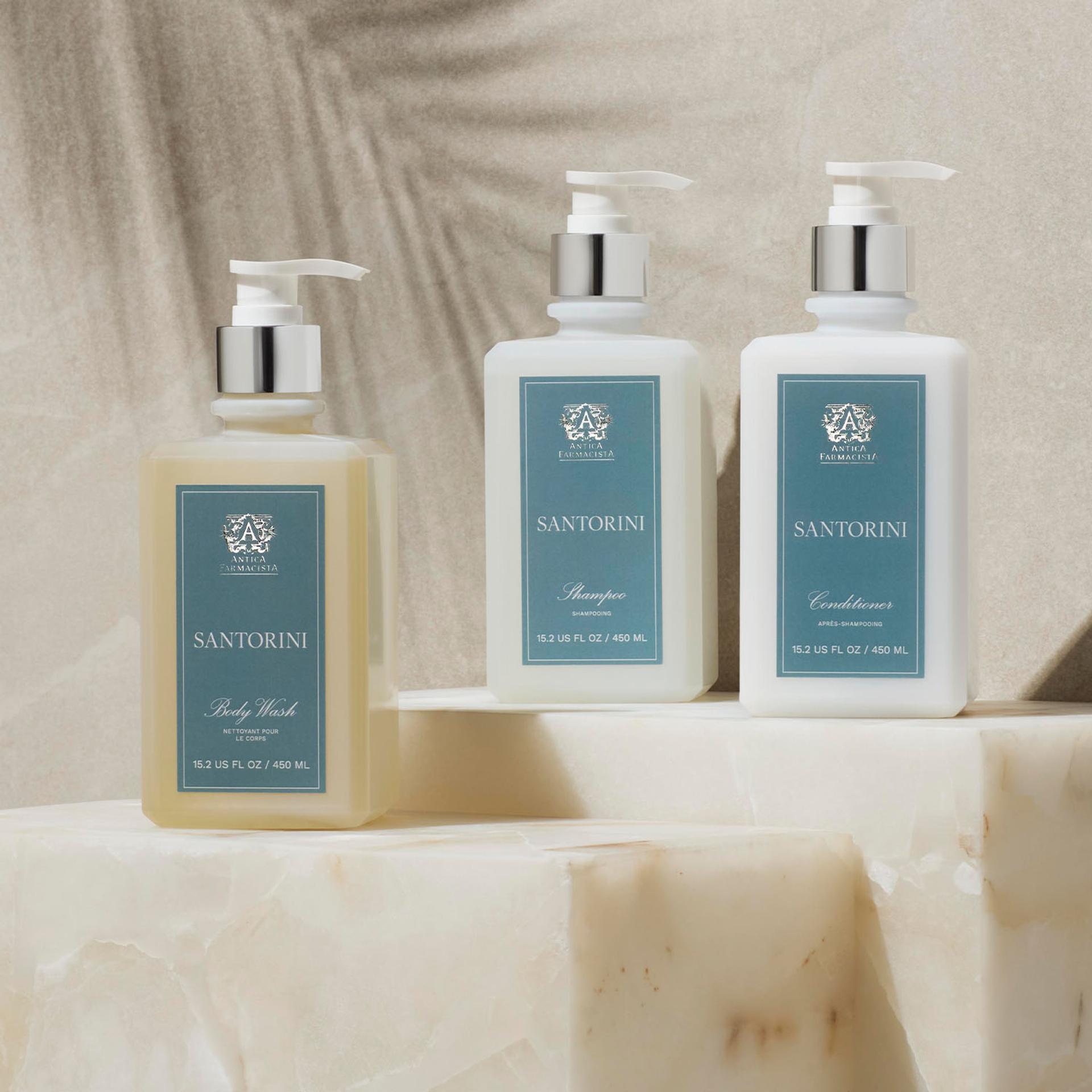 Antica Farmacista Shampoo, Conditioner and Body Wash bottles