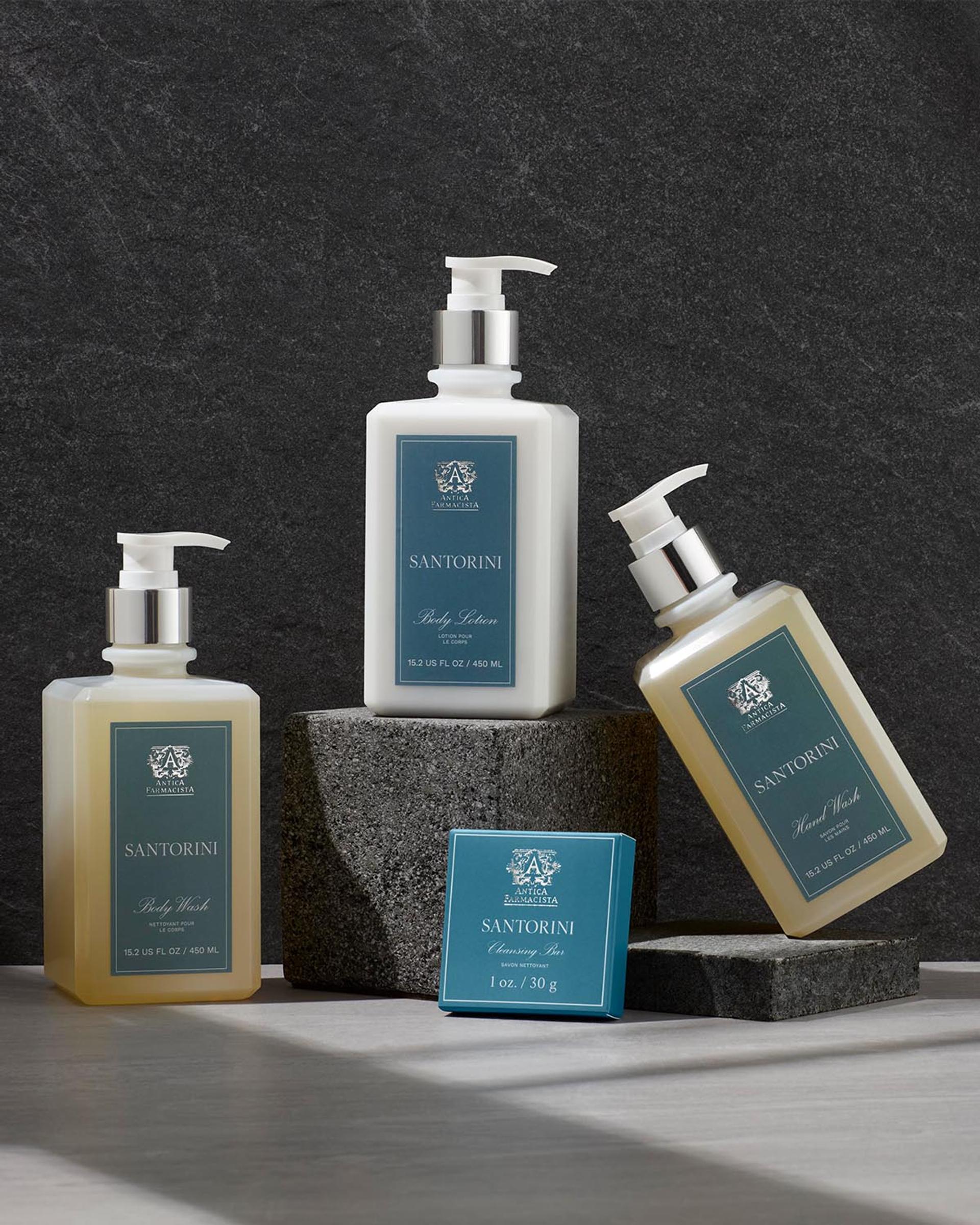 Antica Farmacista Shampoo, Conditioner and Body Wash bottles and boxed bar of soap