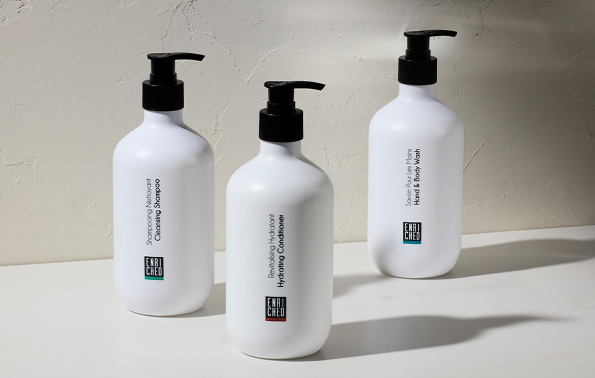 Enriched Cleansing Shampoo, Hydrating Conditioner and Hand & Body Wash bottles