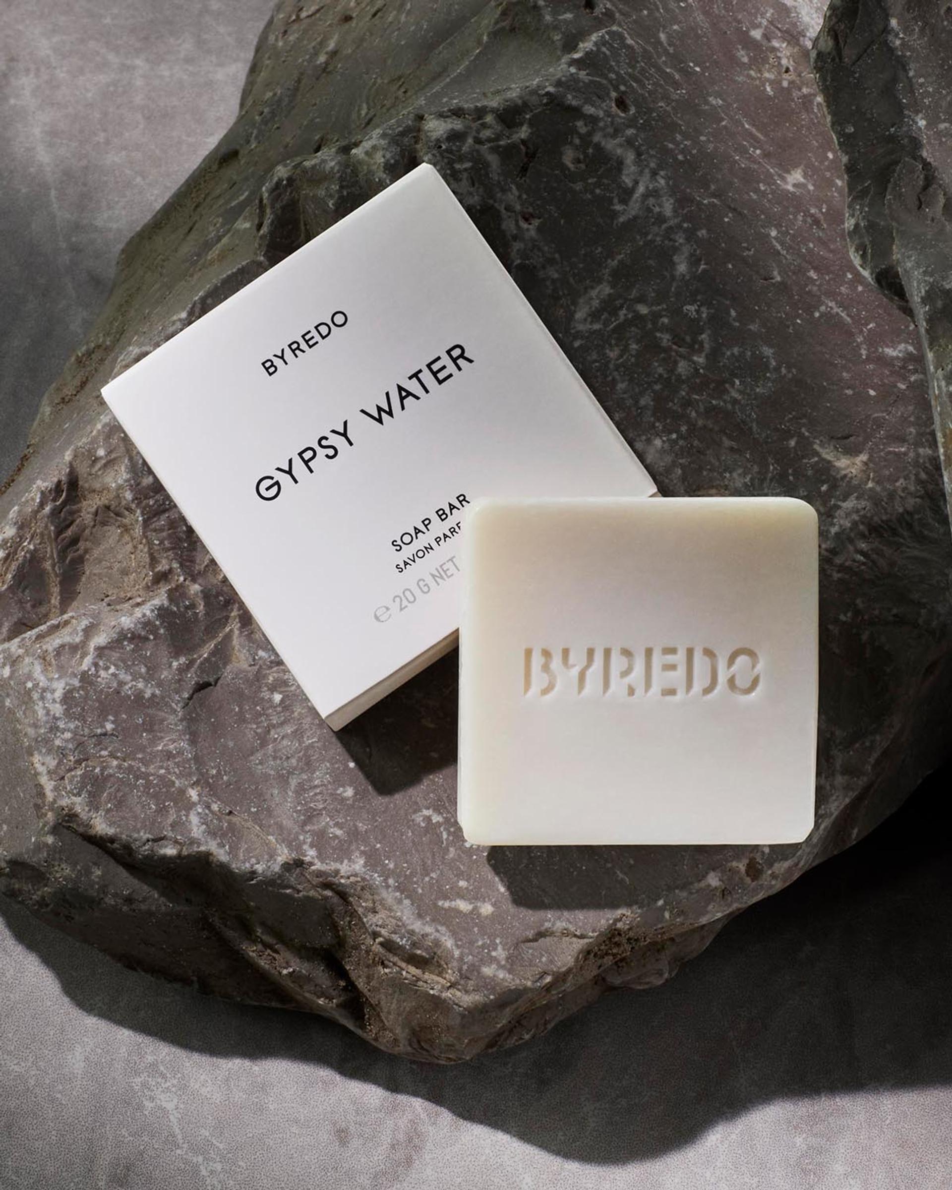 Byredo Gypsy Water boxed Soap Bar sitting on rock
