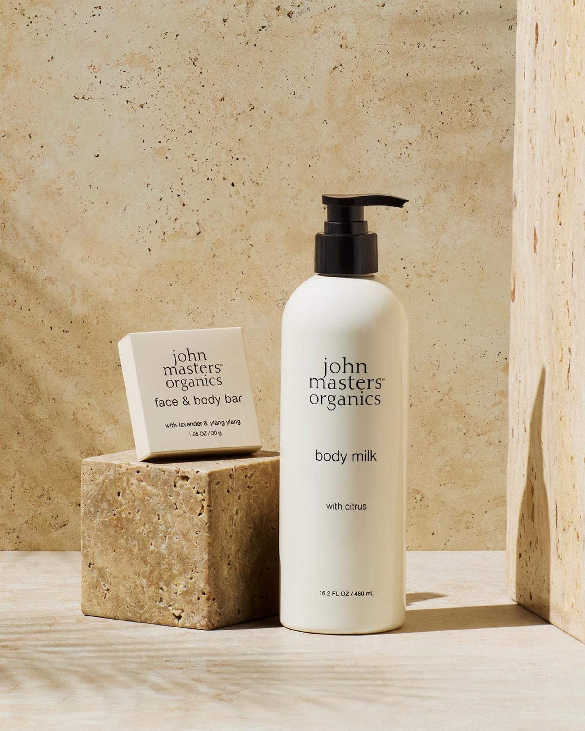 John Masters Organics Body Milk and boxed Face & Body Bar