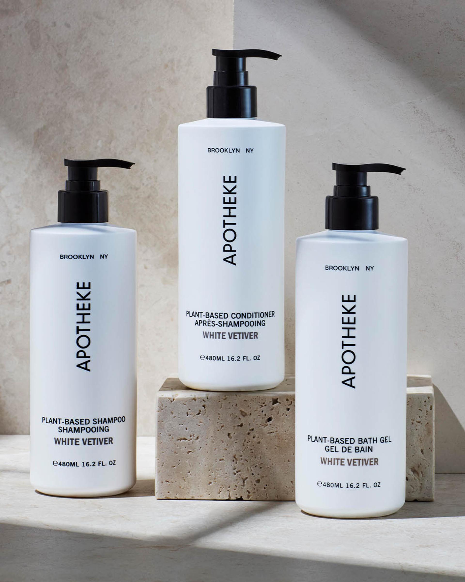 Apotheke White Vetiver Shampoo, Conditioner and Bath Gel Bottles