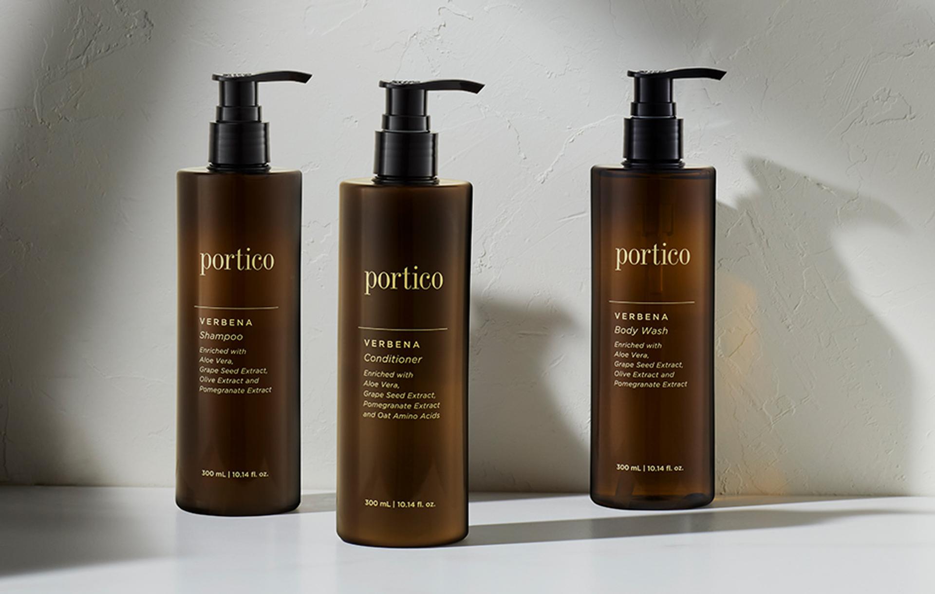 Portico Verbena Shampoo, Conditioner, and Body Wash dispensers