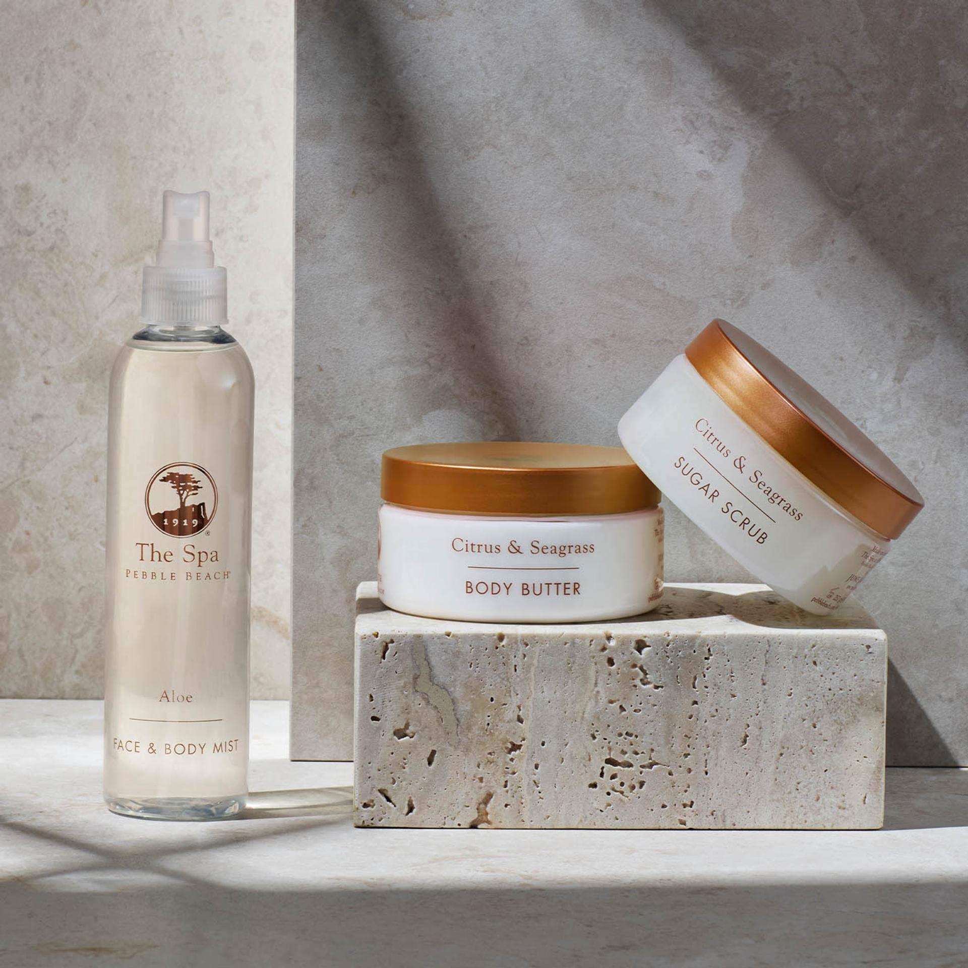 The Spa at Pebble Beach Aloe Face and Body Mist and Citrus and Seagrass Body Butter and Sugar Scrub retail products