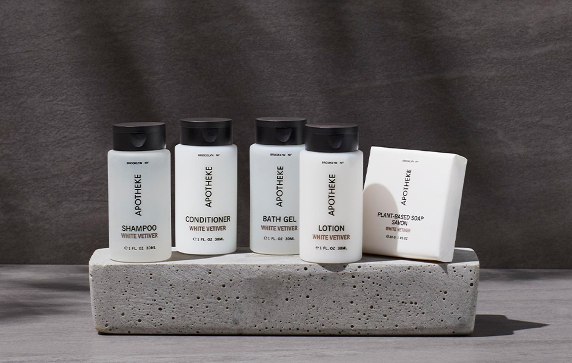 Apotheke White Vetiver Small Format Shampoo, Conditioner, Bath Gel, Lotion and soap bar