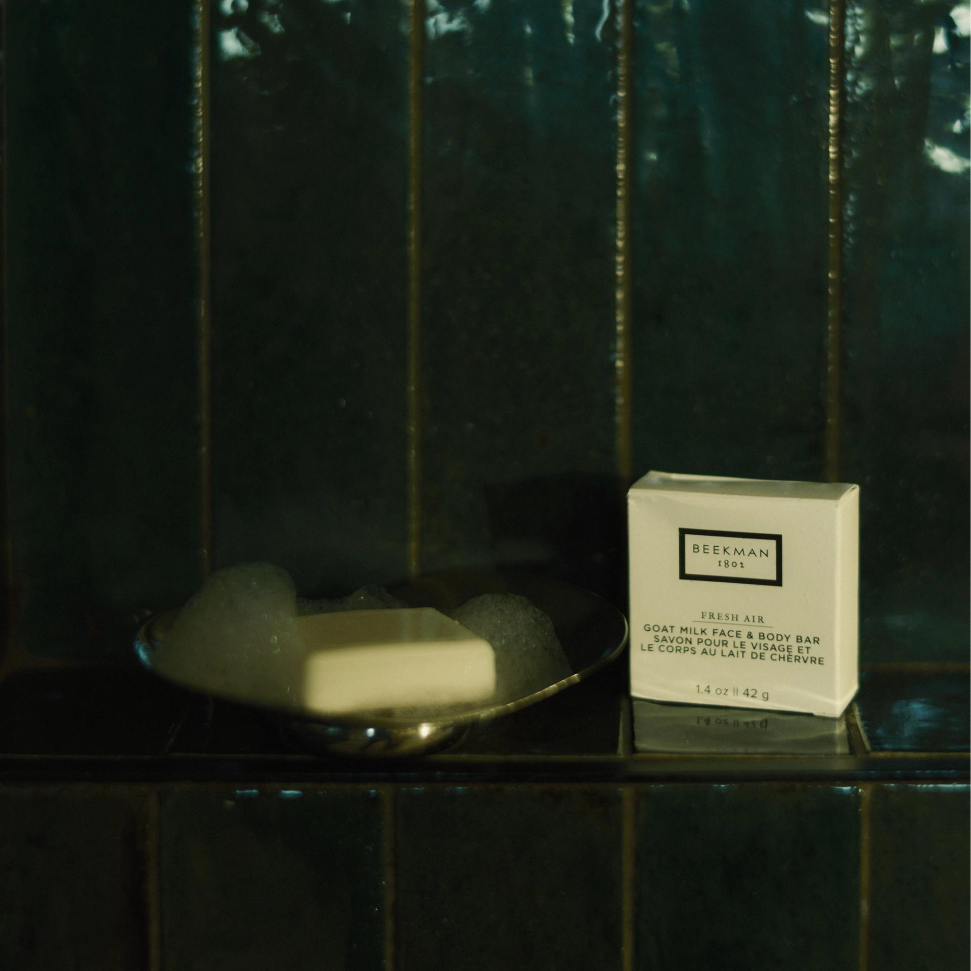 Beekman 1802 Fresh Air Goat's Milk Face and Body Bar in shower