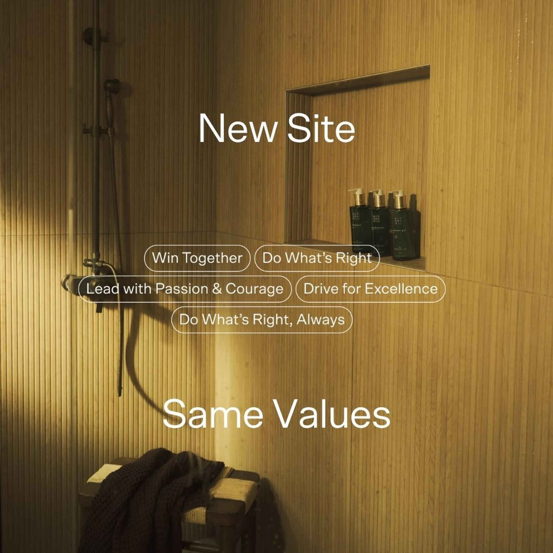 Shower image with our Values overlaid on top