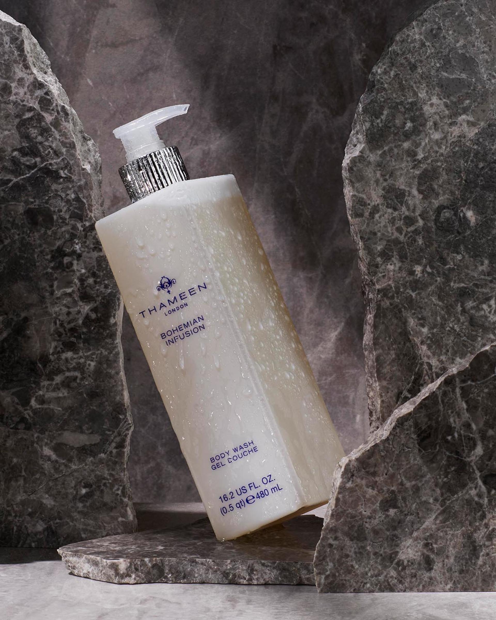 Thameen London Bohemian Infusion Body Wash dispenser with stone background
