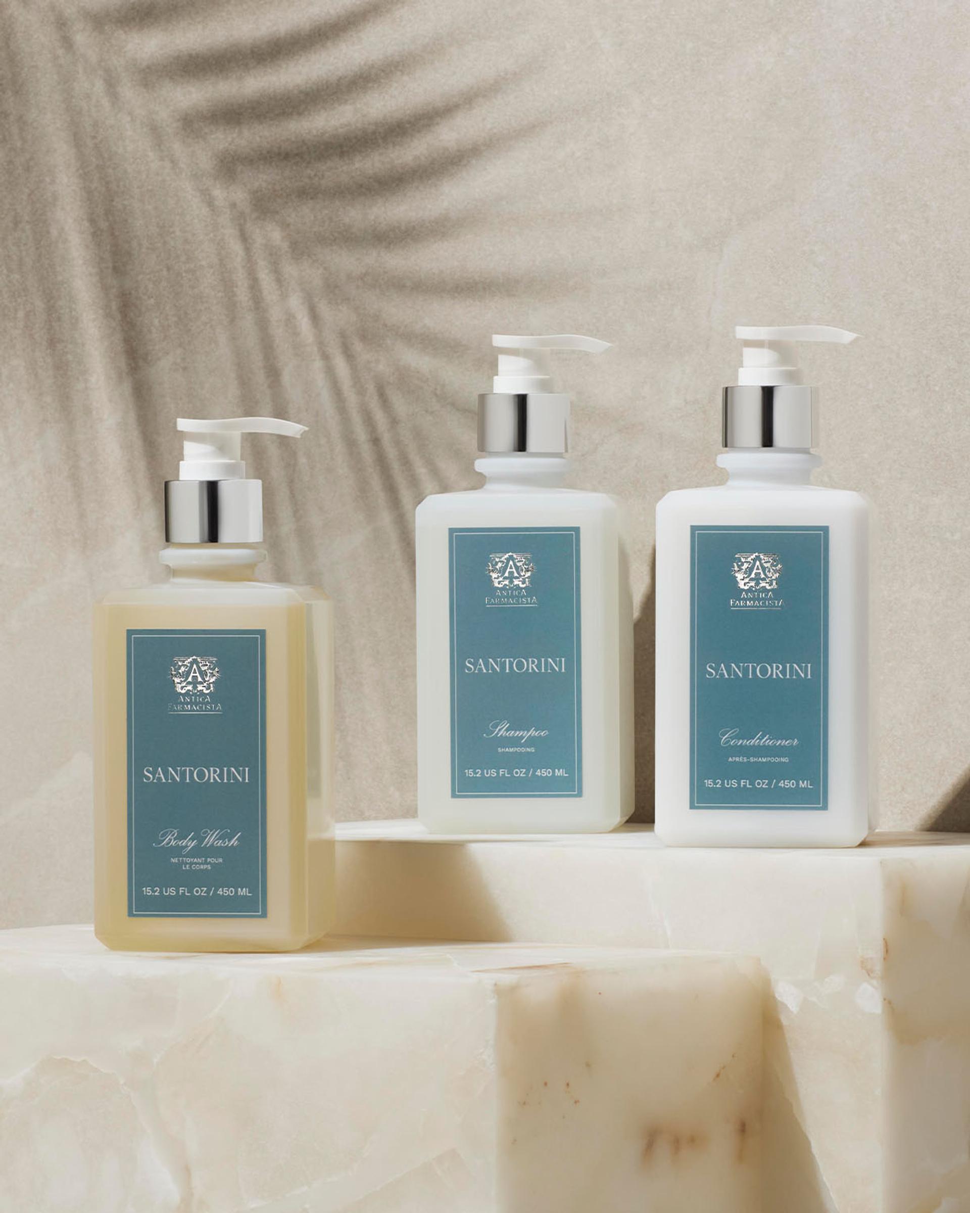 Antica Farmacista Shampoo, Conditioner and Body Wash bottles