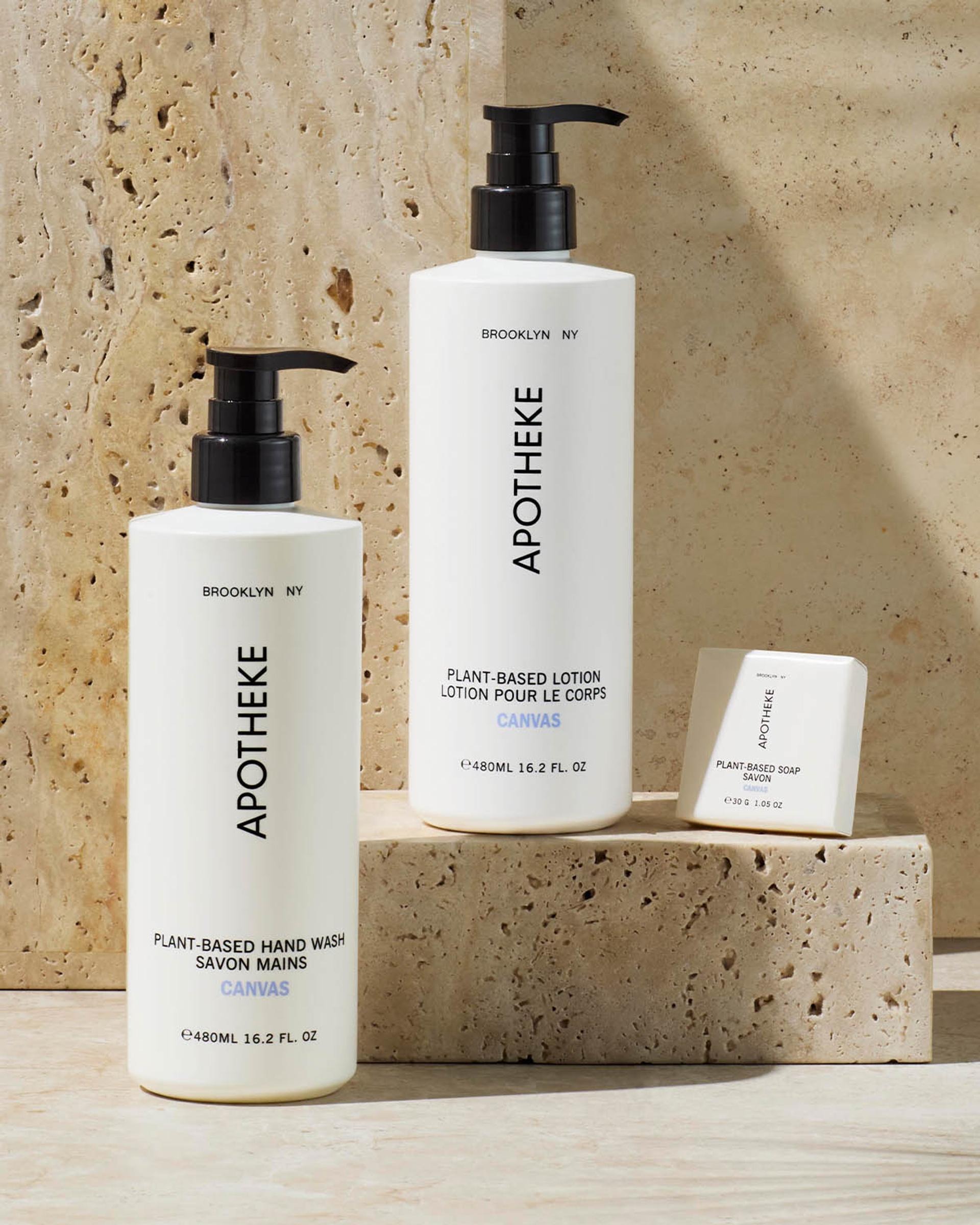 Apotheke Canvas Hand Wash and Lotion Bottles and small boxed soap