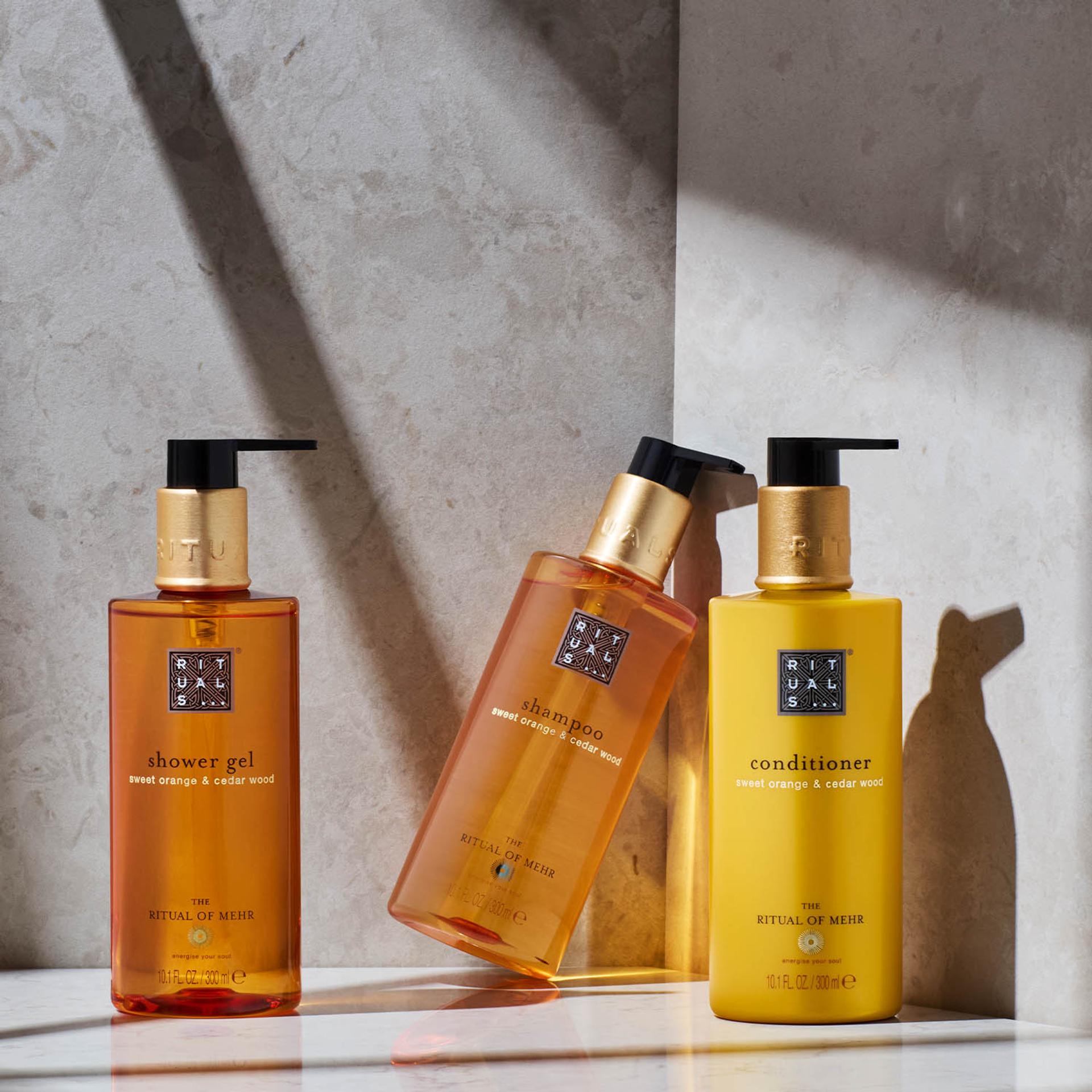 Rituals of Mehr Shampoo, Conditioner, and Body Wash dispensers