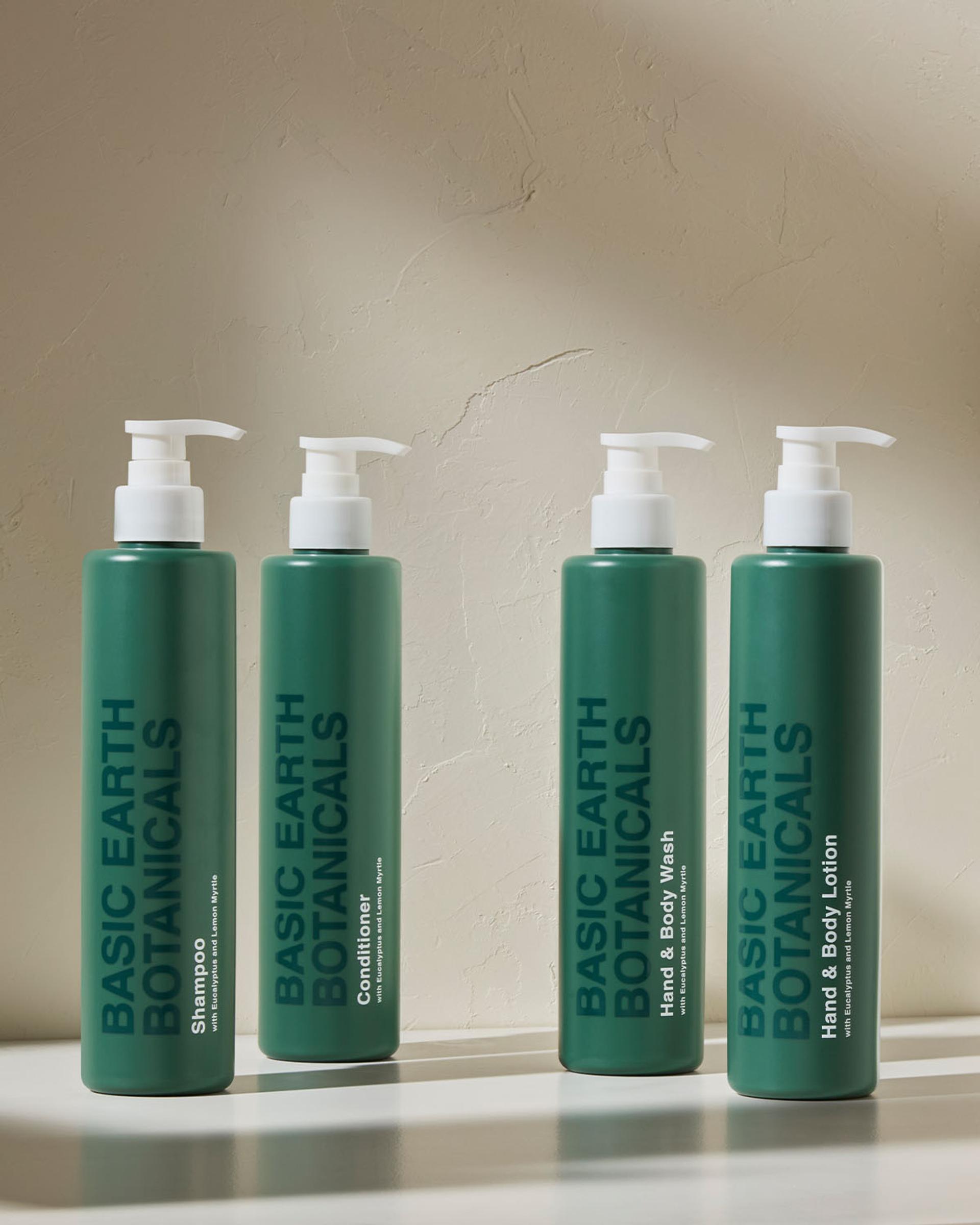 Basic Earth Botanicals Shampoo, Conditioner, Hand & Body Wash and Lotion bottles