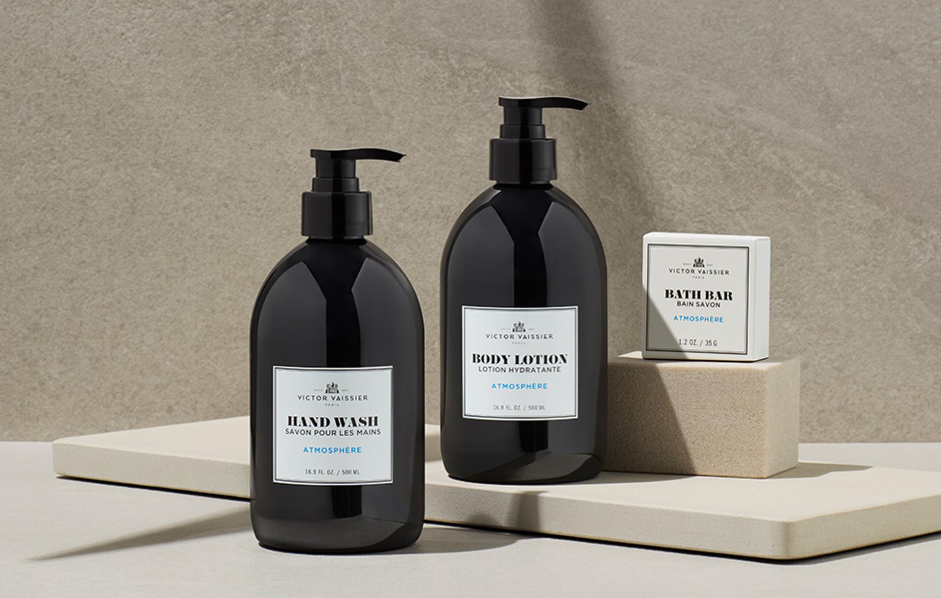 Victor Vaissier Hand Wash and Body Wash dispensers and bar soap on bathroom vanity