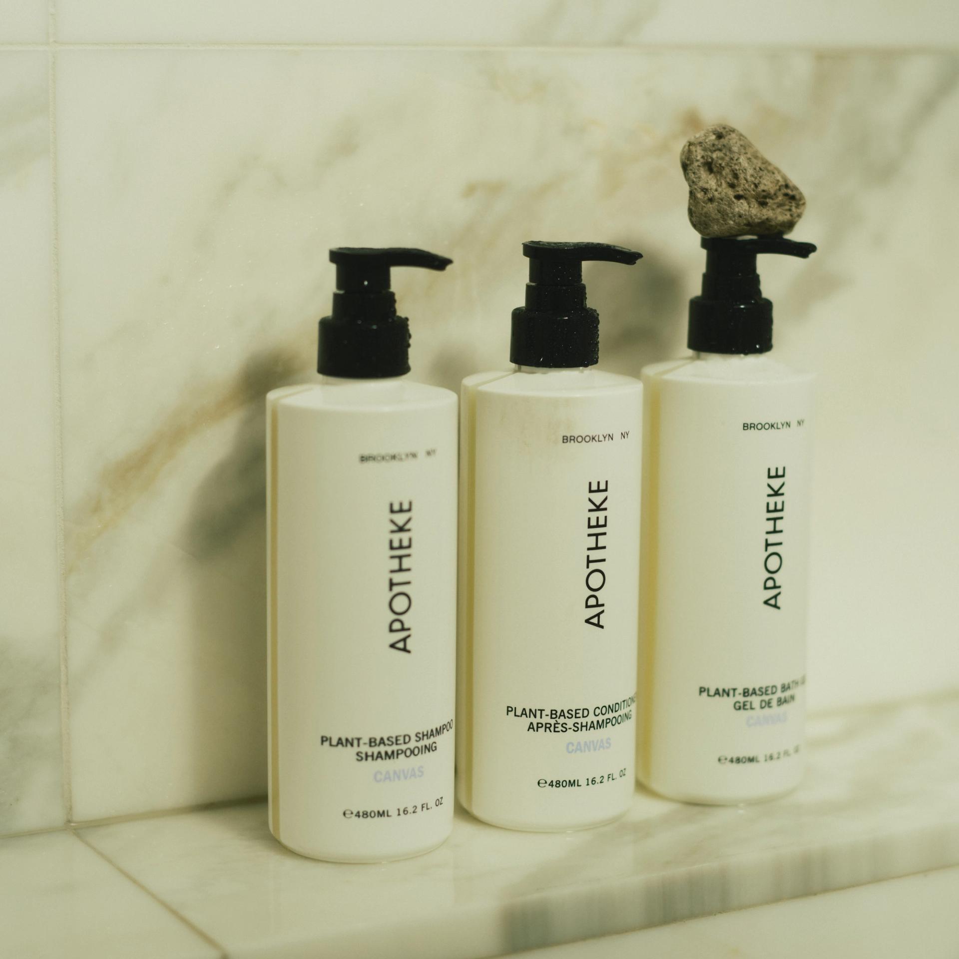 Apotheke Canvas Shampoo, Conditioner and Bath Gel in Shower